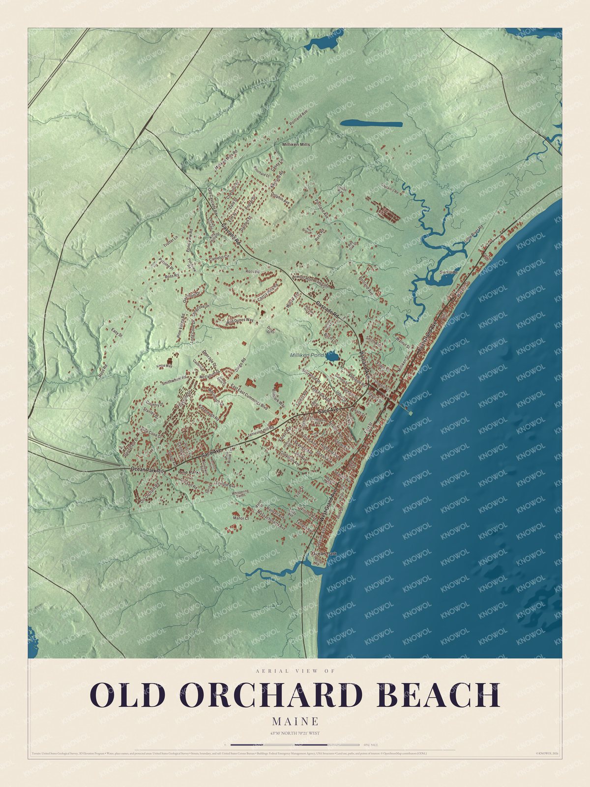 Aerial map of Old Orchard Beach, Maine, showing streets, buildings, beach, waters and terrain