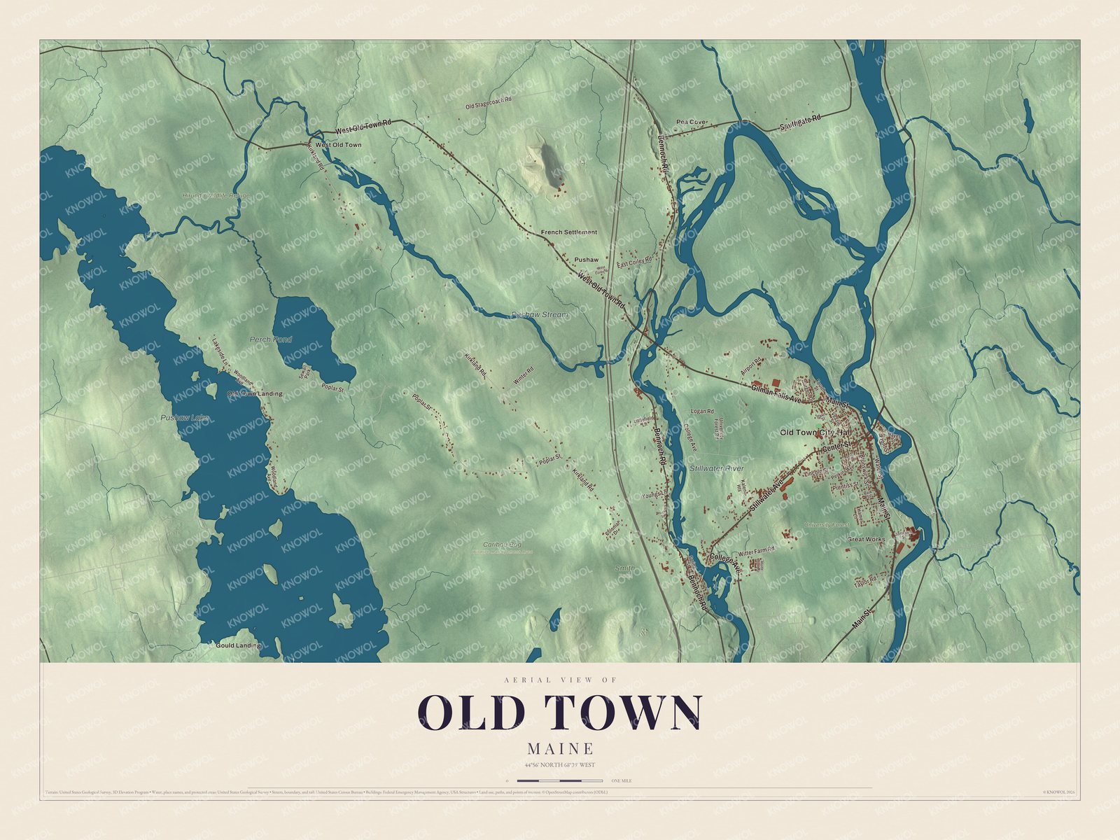 Aerial map of Old Town, Maine, showing streets, buildings, rivers, lakes and terrain