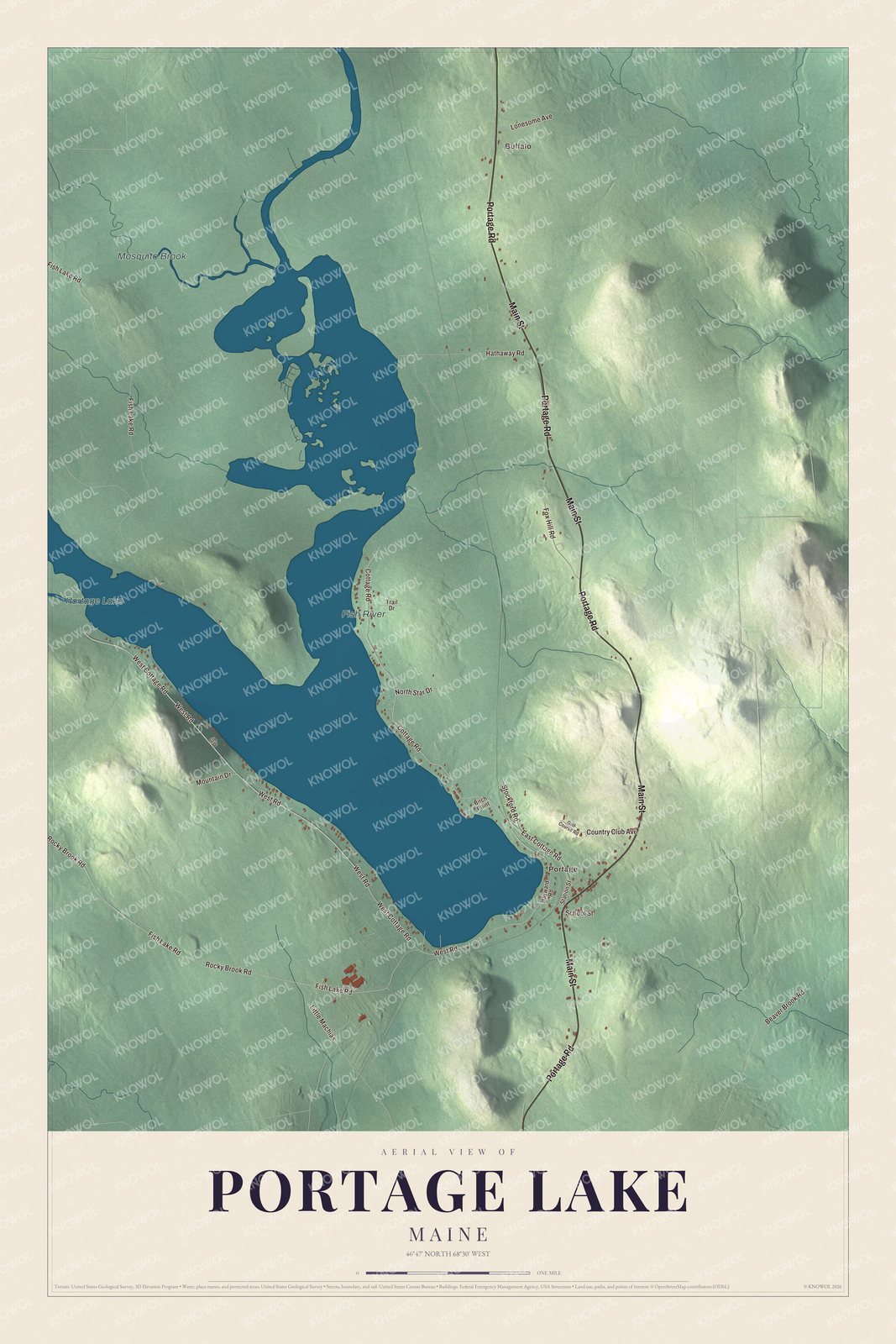 Protected watermarked complete map of Portage Lake, Maine