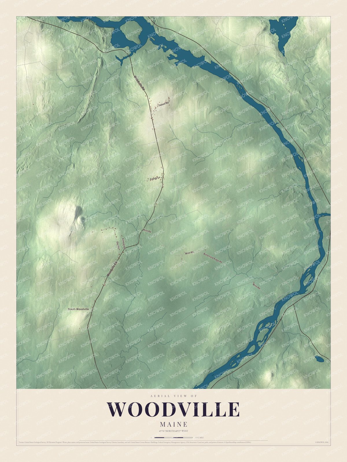 Protected watermarked complete map of Woodville, Maine