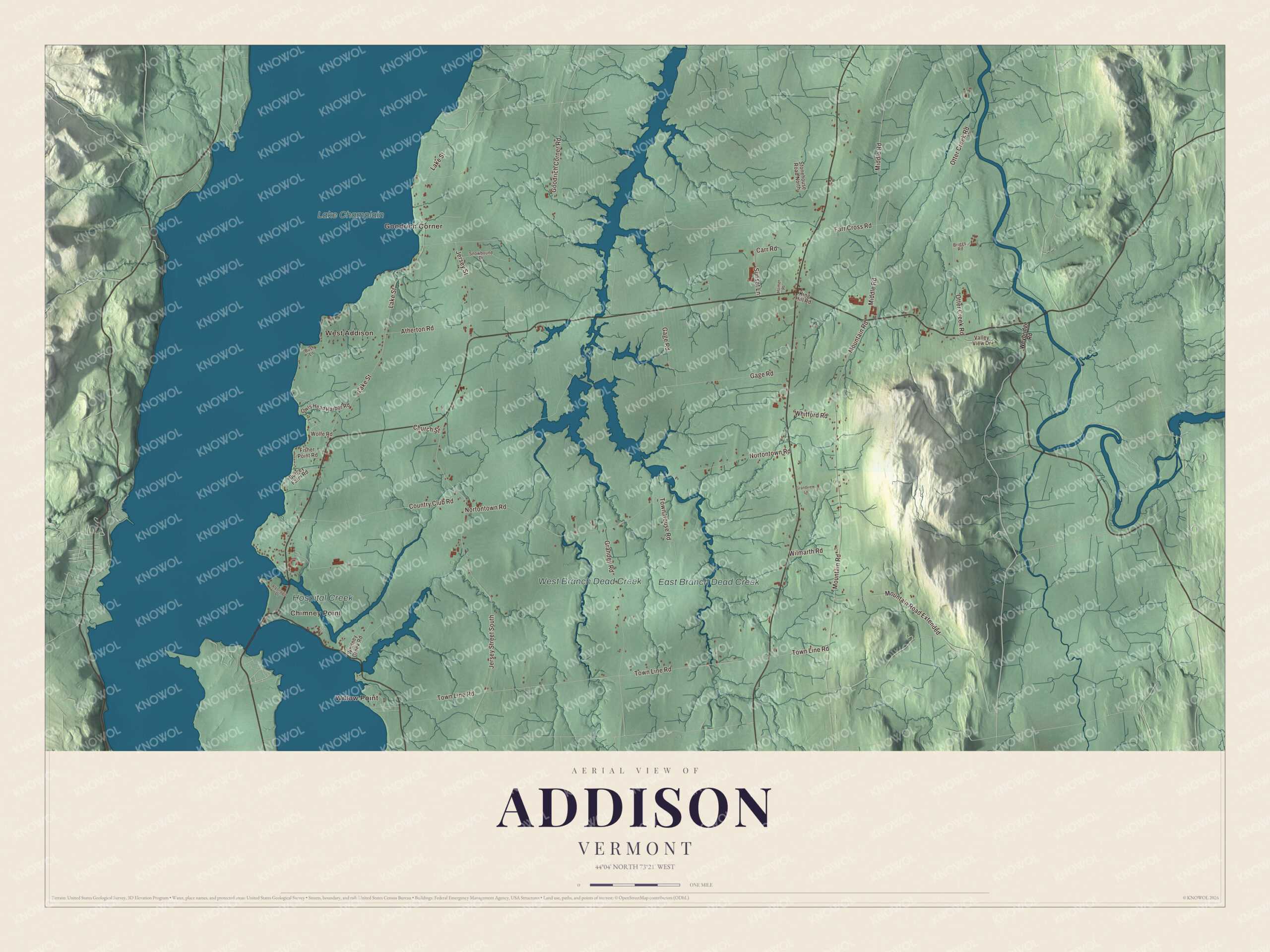 Map of Addison, Vermont, with Chimney Point, the Dead Creek and Lake Champlain
