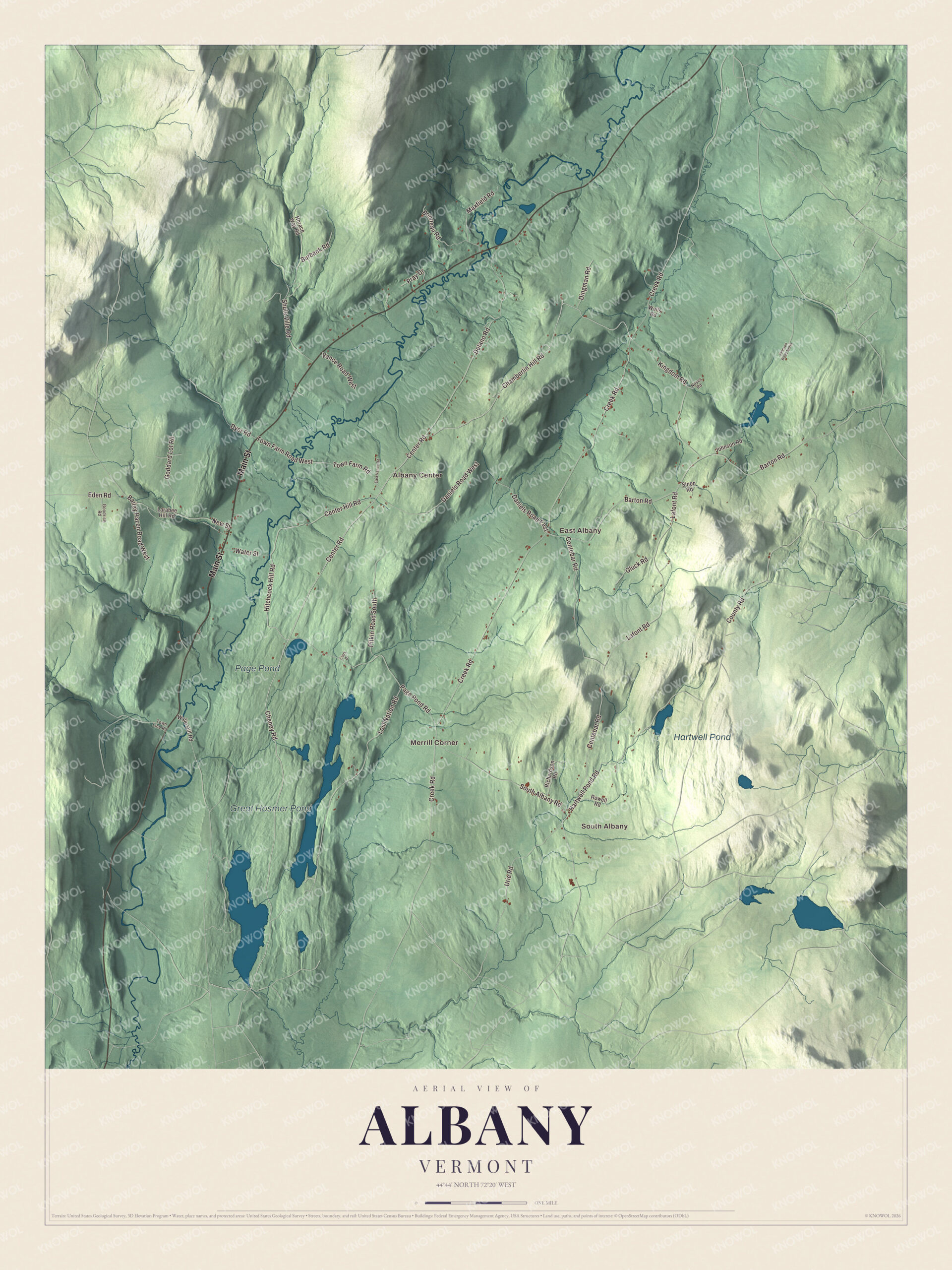 Map of Albany, Vermont, with Great Hosmer Pond and Hartwell Pond