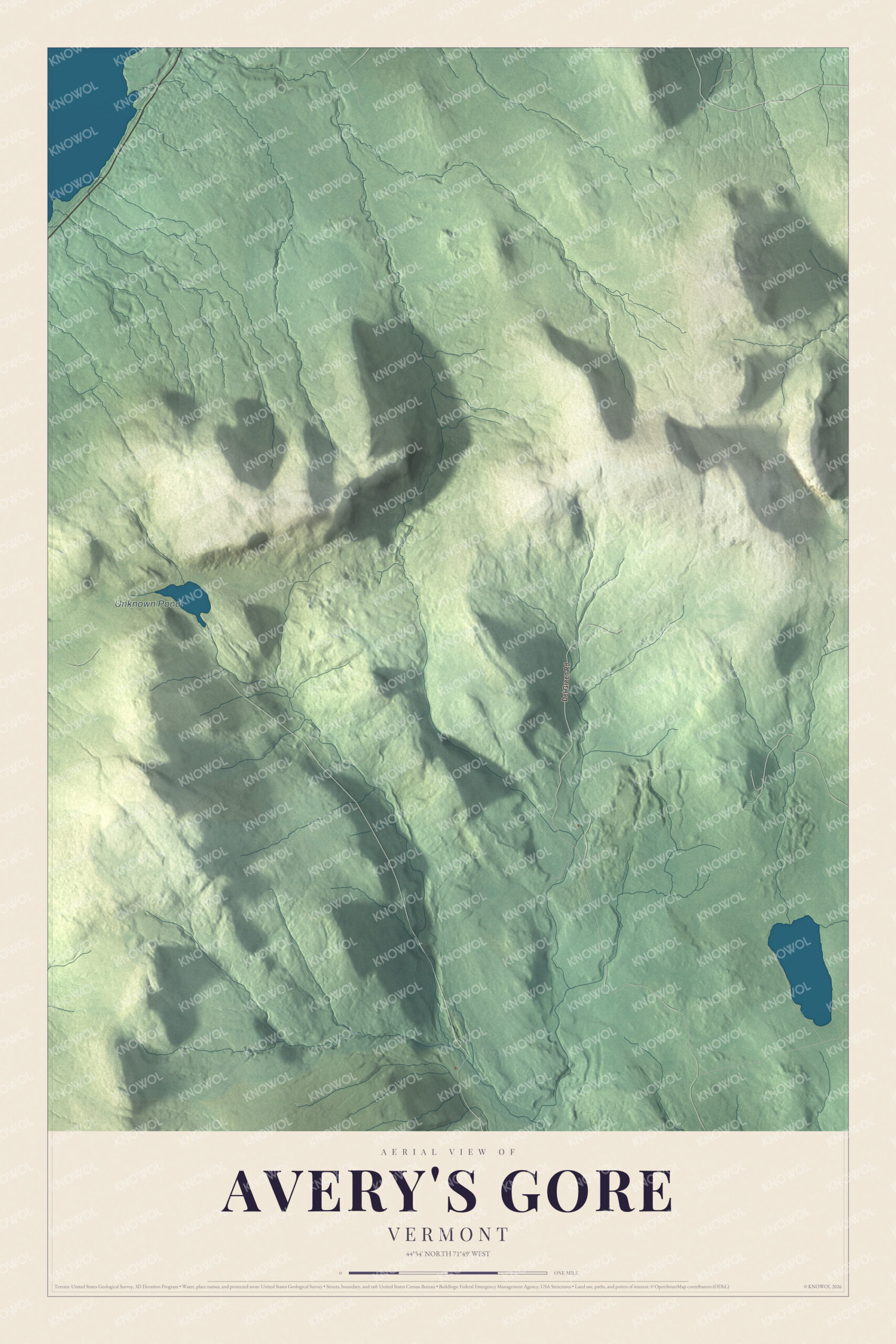 Map of Avery's Gore, Vermont, with Unknown Pond and Gore Mountain's slopes