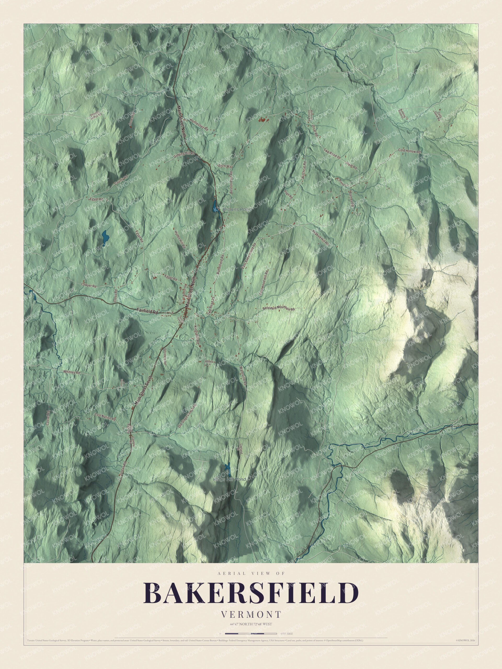 Map of Bakersfield, Vermont, with Browns Pond, Kings Hill Pond and East Bakersfield Road