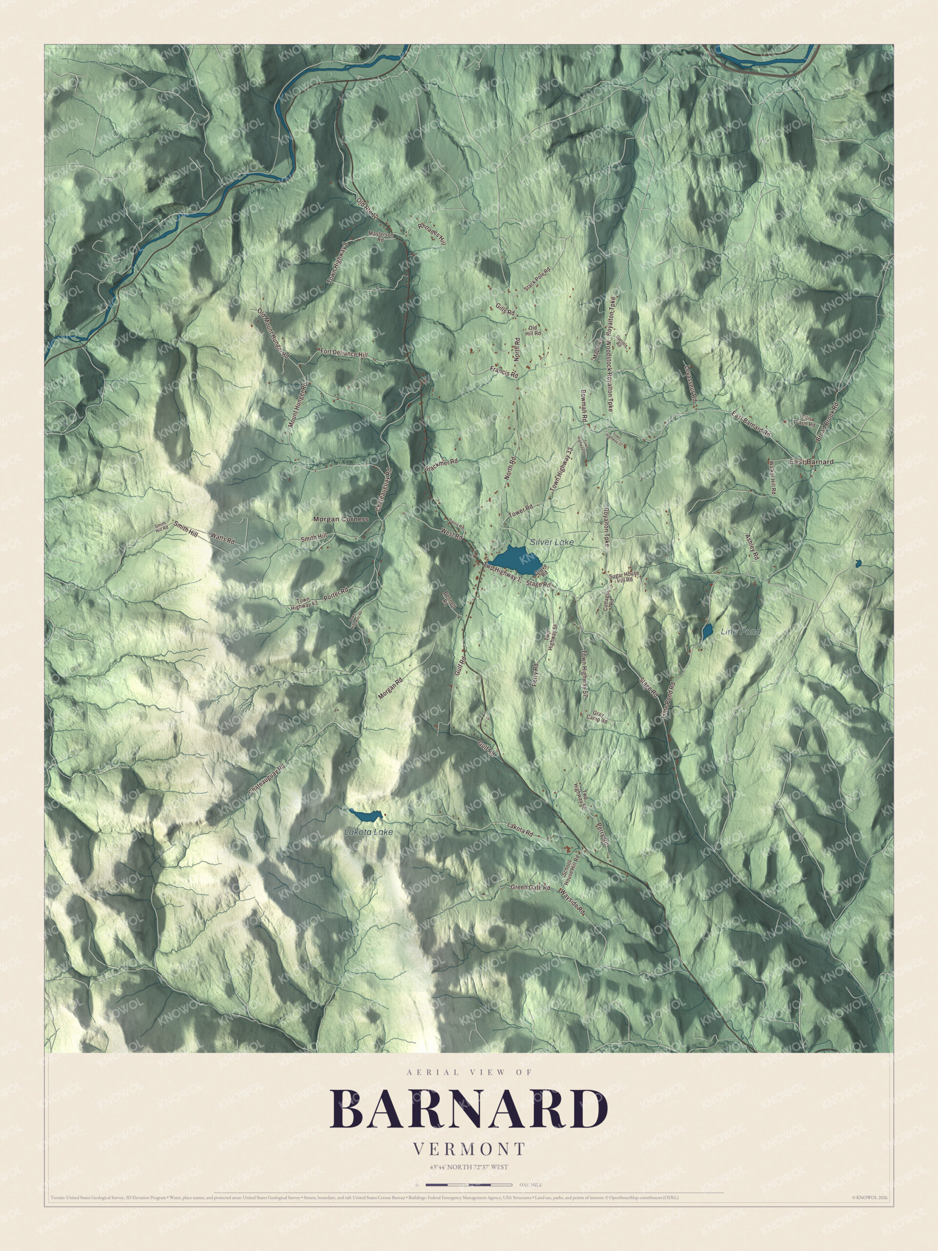Map of Barnard, Vermont, with Silver Lake, East Barnard and Lakota Lake