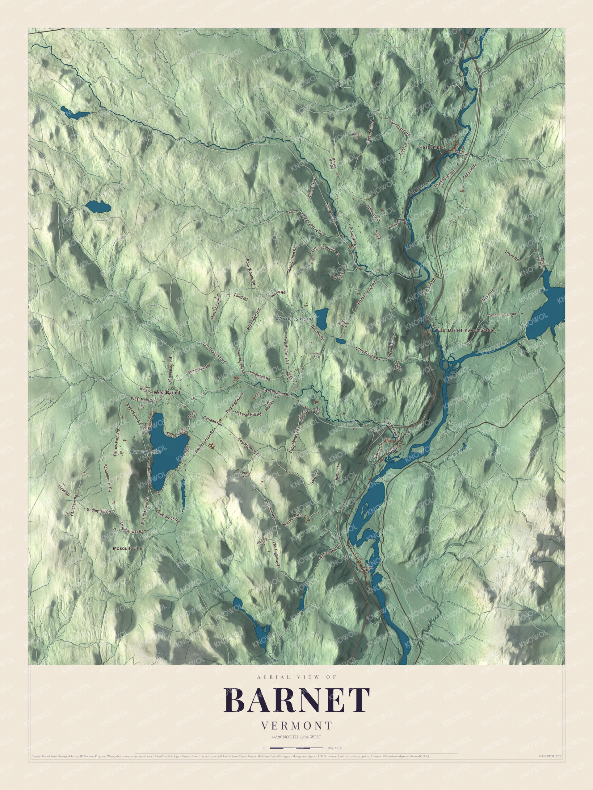 Map of Barnet, Vermont, with Harvey Lake, West Barnet and Passumpsic