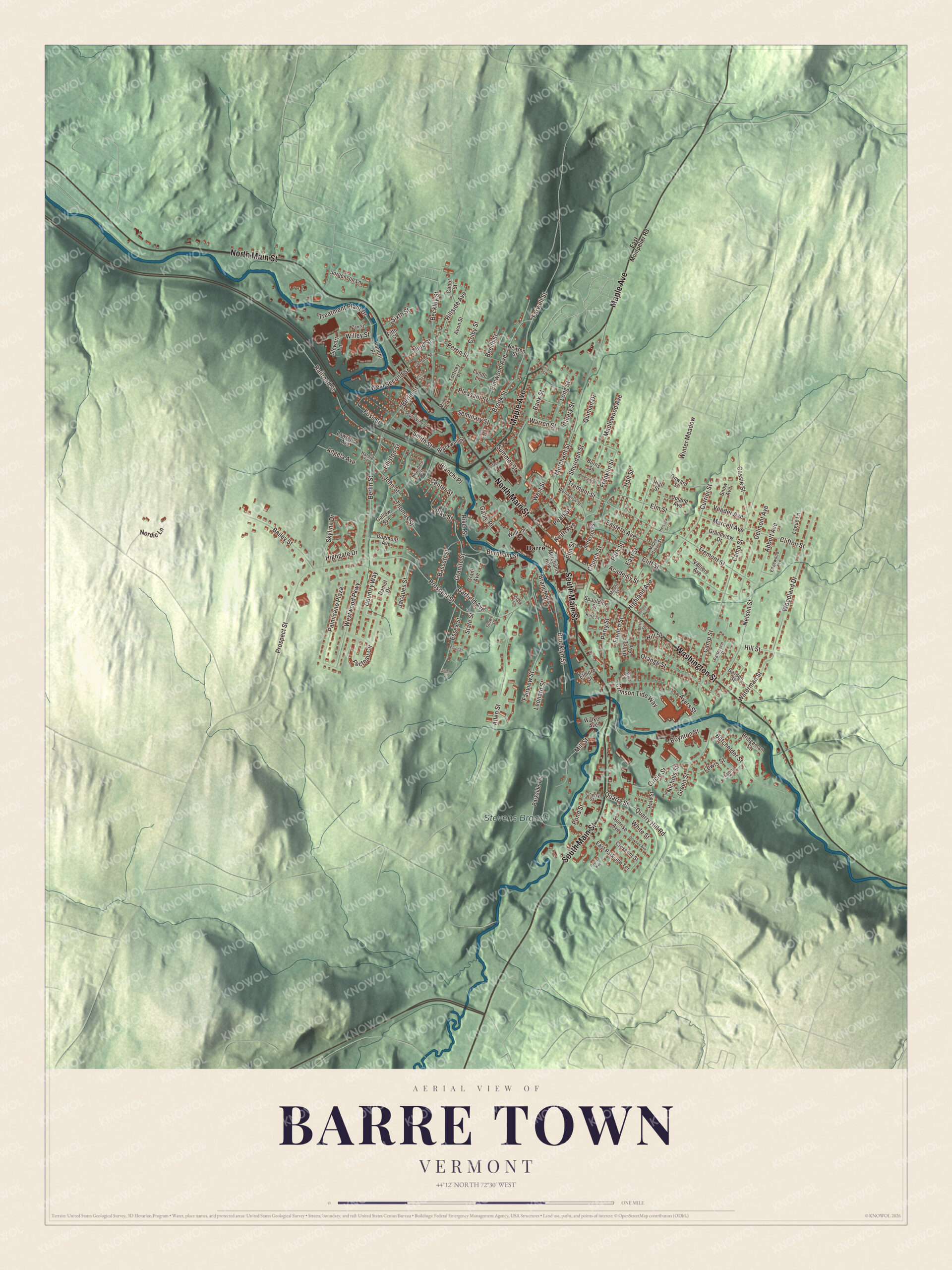 Map of Barre Town, Vermont, around Barre City, with North Main Street and South Main Street