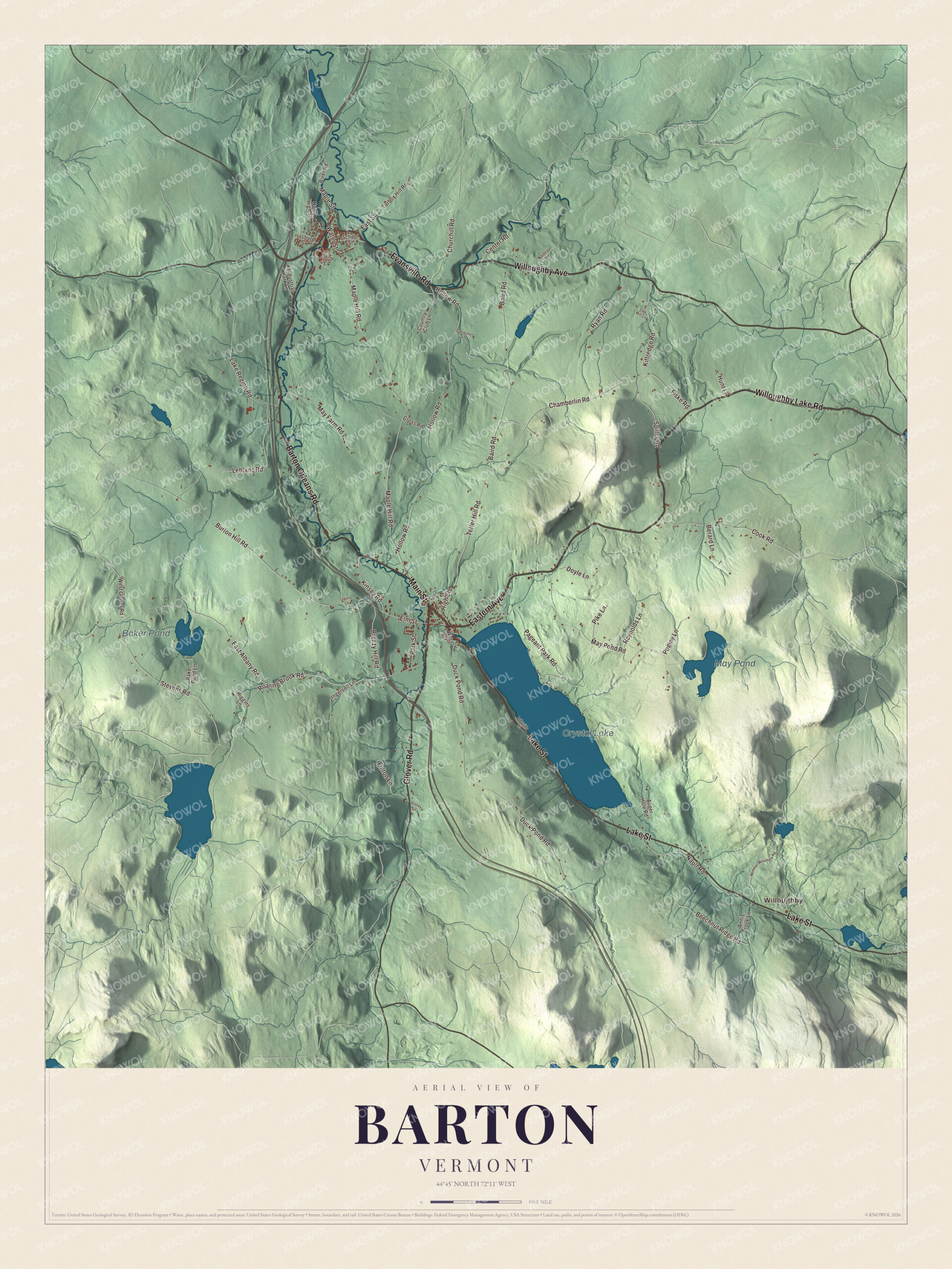 Map of Barton, Vermont, with Crystal Lake, May Pond and Willoughby