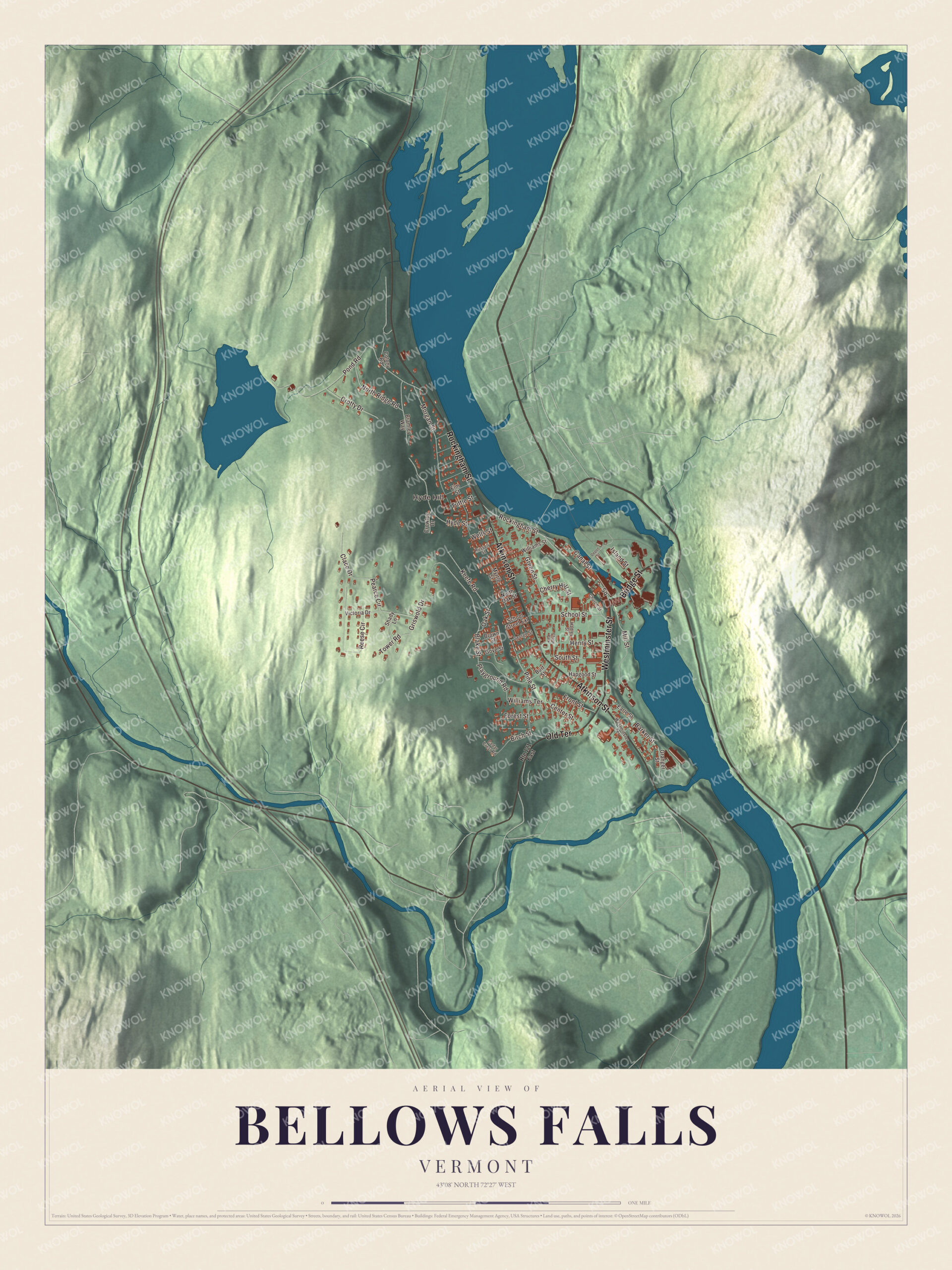 Map of Bellows Falls, Vermont, with Bridge Street, the Square and Westminster Street