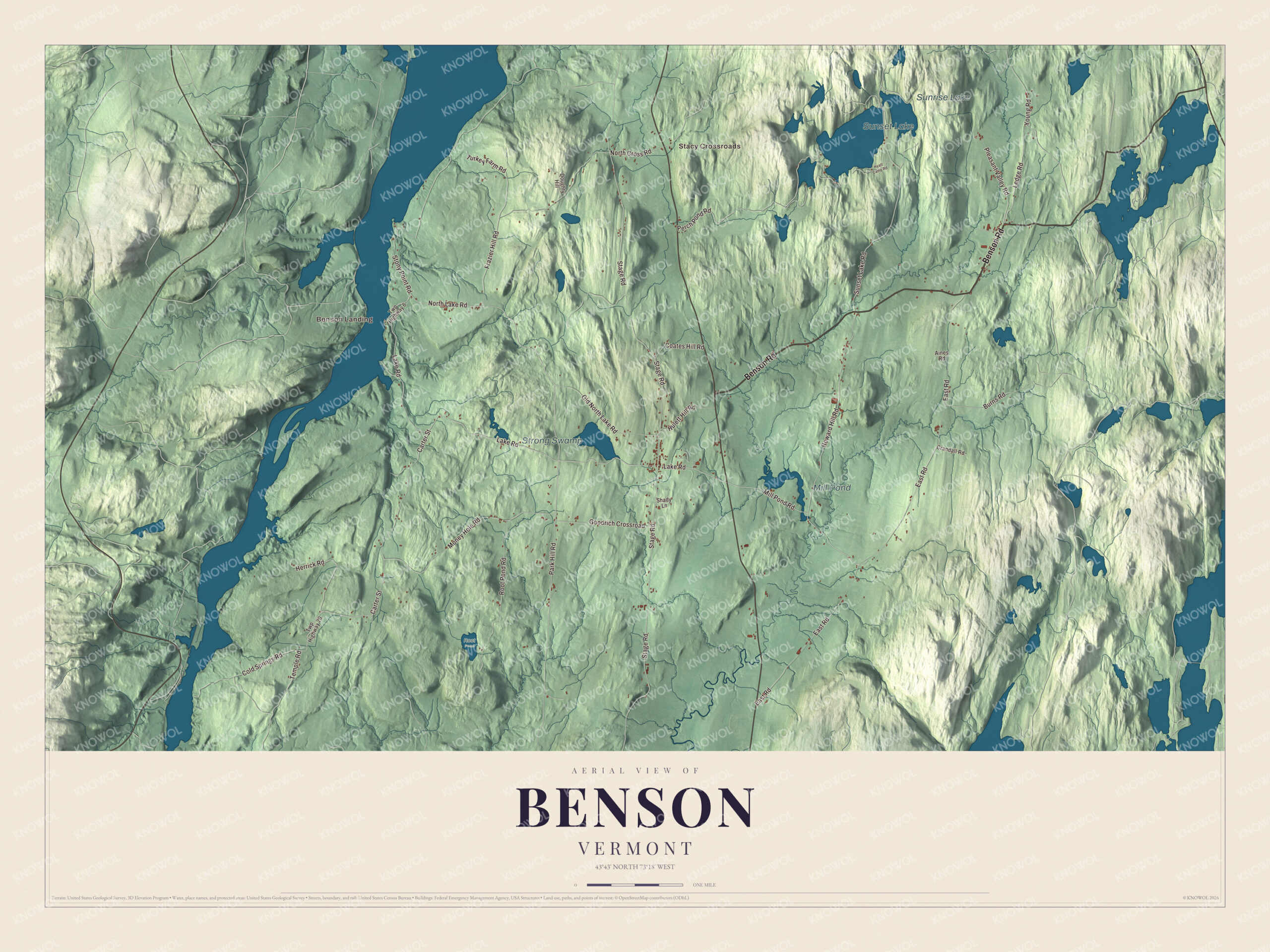 Map of Benson, Vermont, with Sunset Lake and Benson Landing