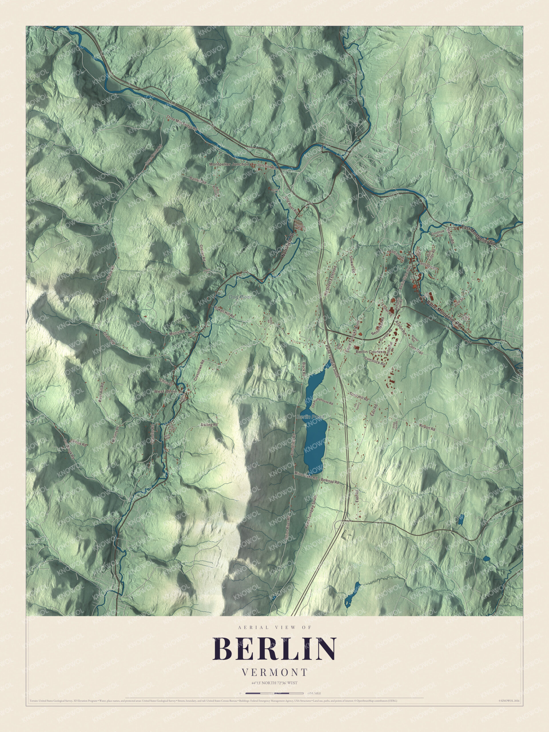 Map of Berlin, Vermont, with Berlin Pond and Montpelier Junction