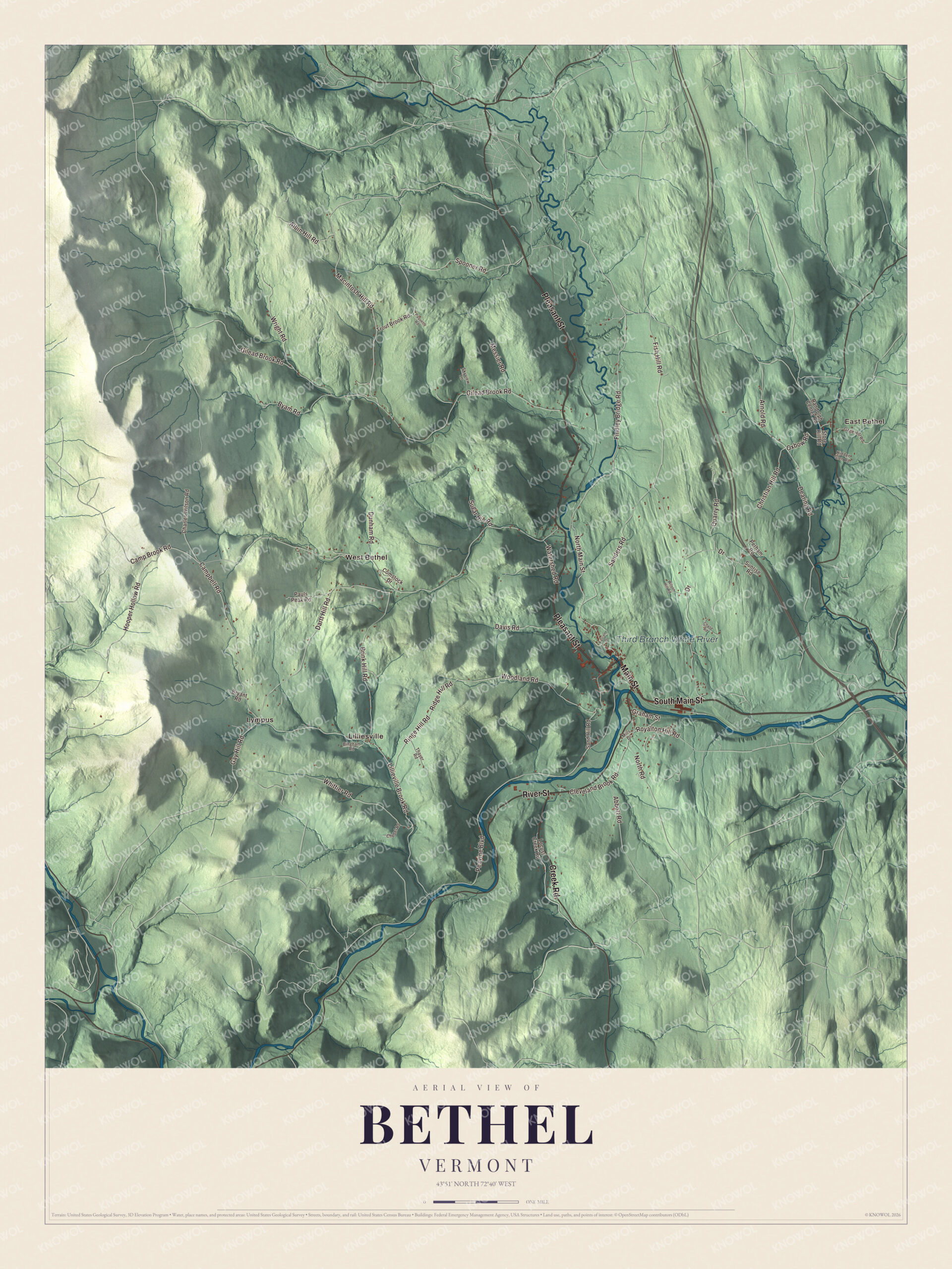 Map of Bethel, Vermont, where the Third Branch meets the White River