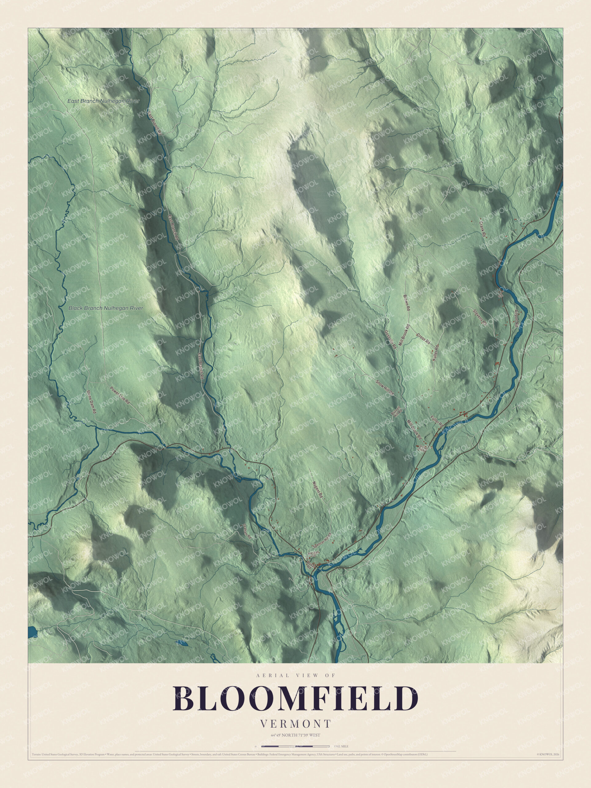 Map of Bloomfield, Vermont, along the Nulhegan and Connecticut rivers