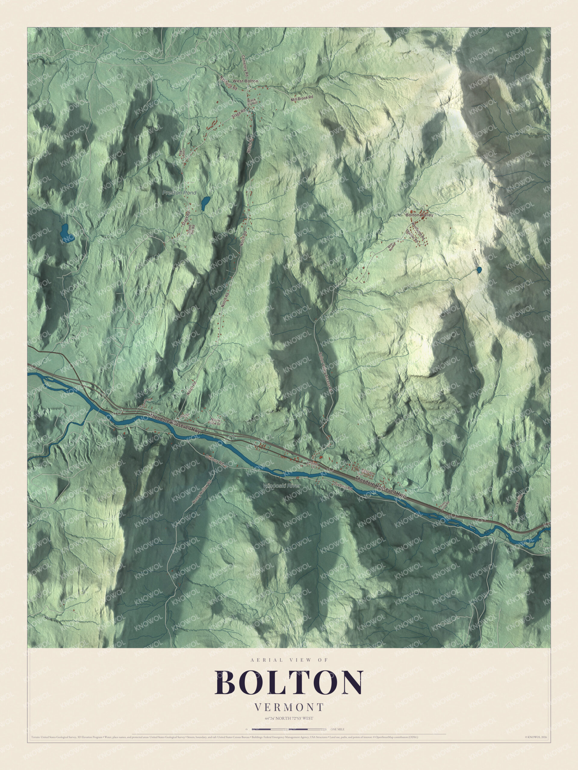 Map of Bolton, Vermont, with the Winooski River and Bolton Valley