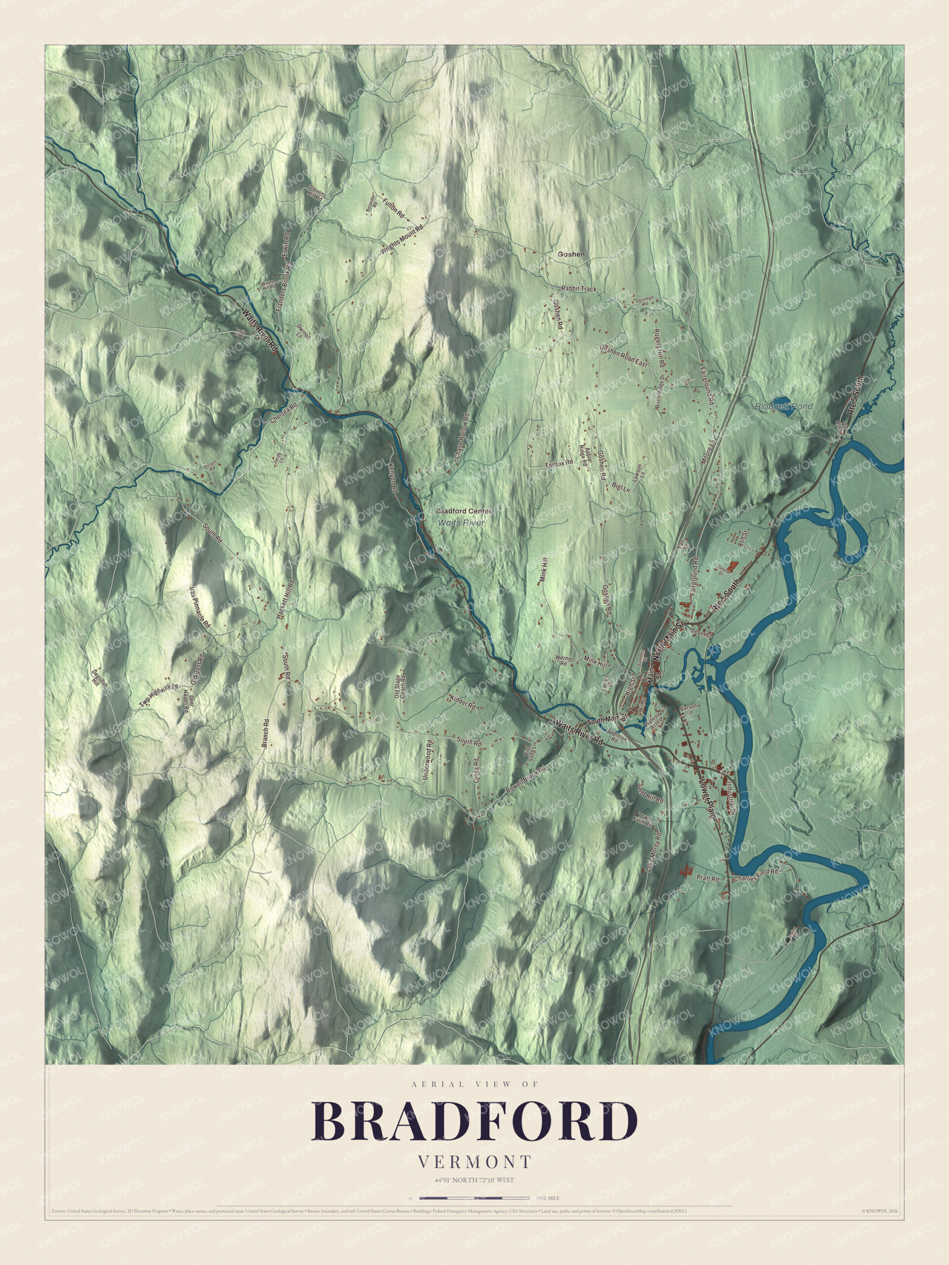 Map of Bradford, Vermont, where the Waits River meets the Connecticut