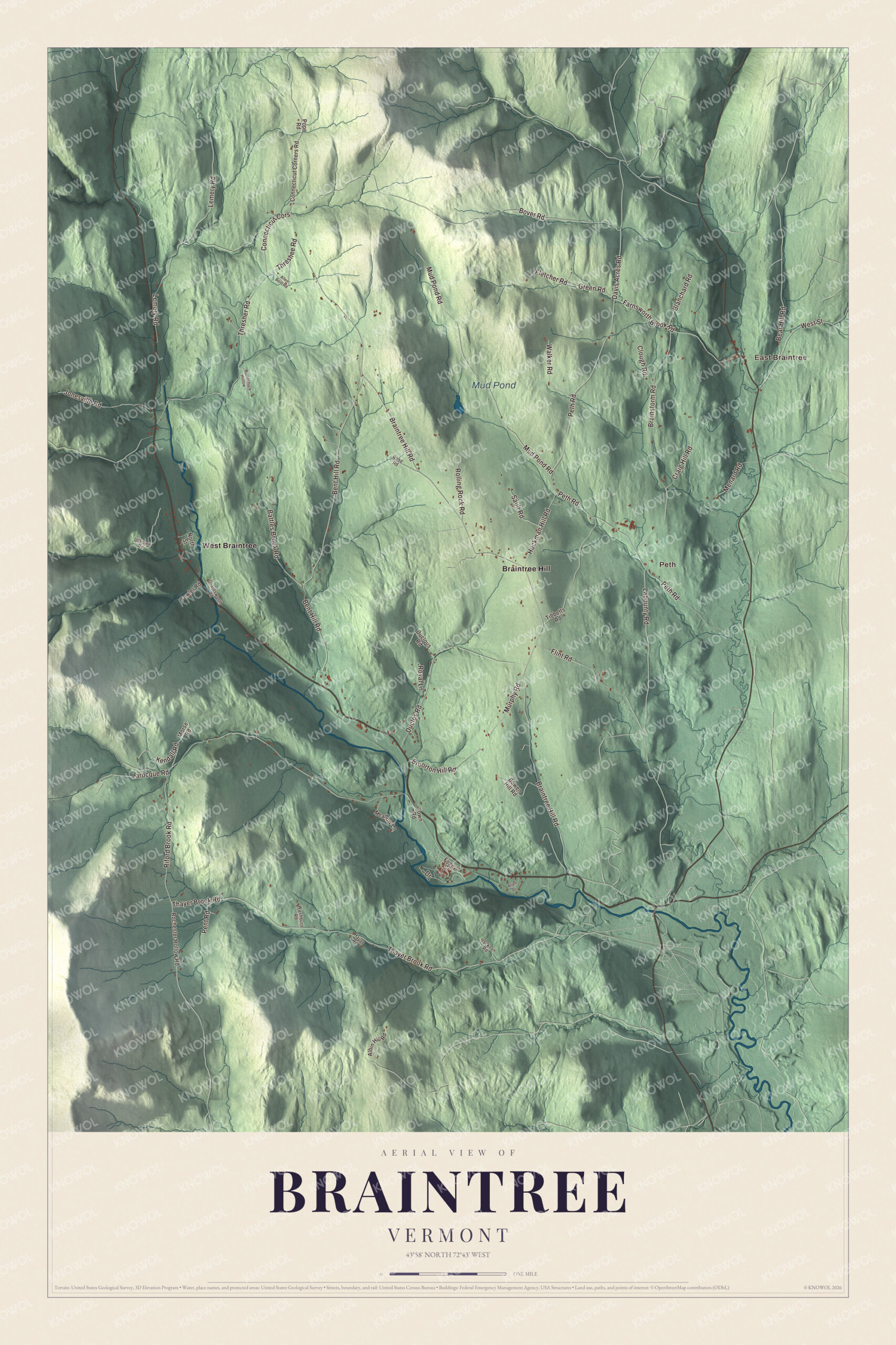 Map of Braintree, Vermont, with Braintree Hill, Peth and Mud Pond