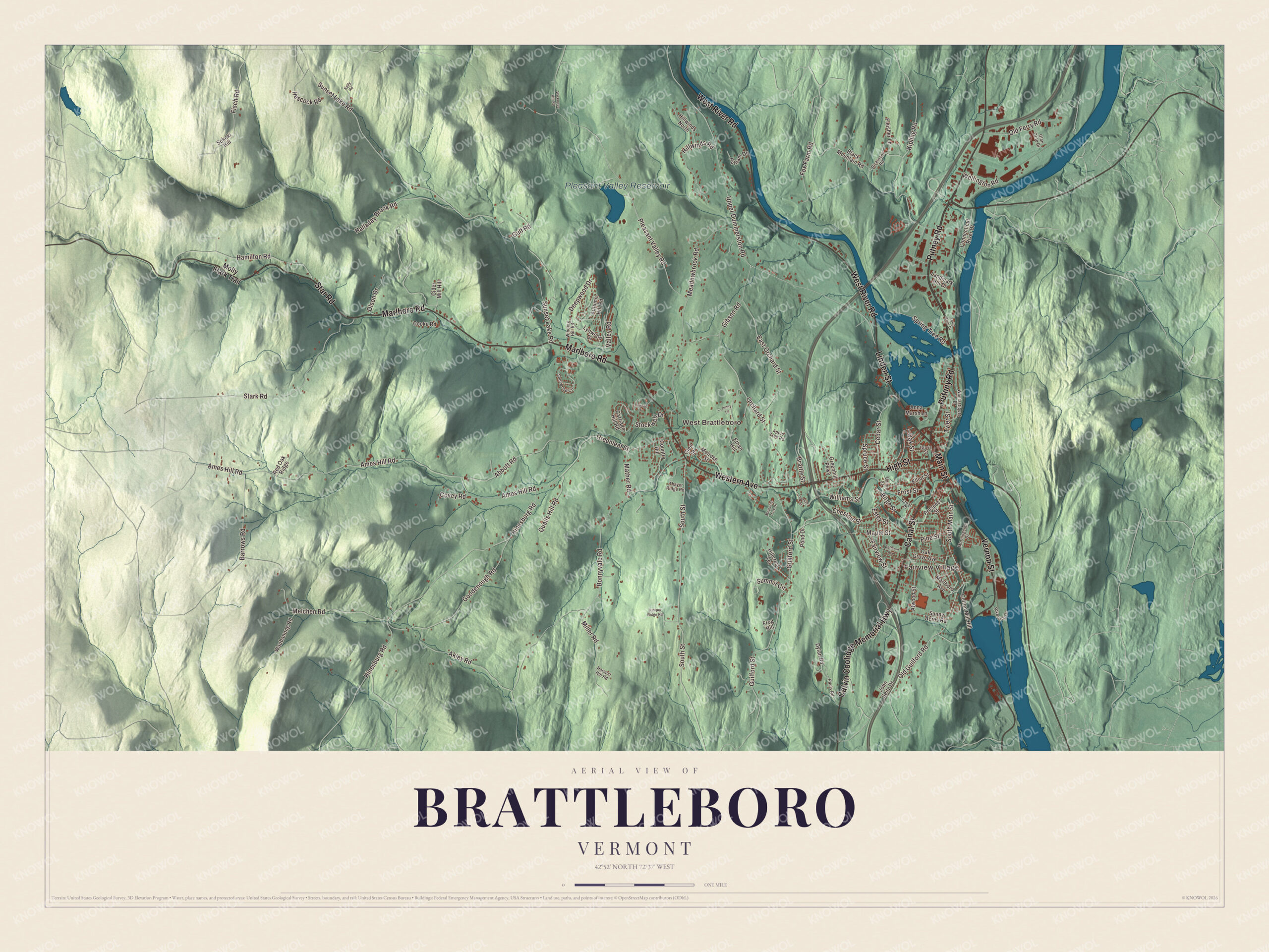 Map of Brattleboro, Vermont, from Main Street to West Brattleboro