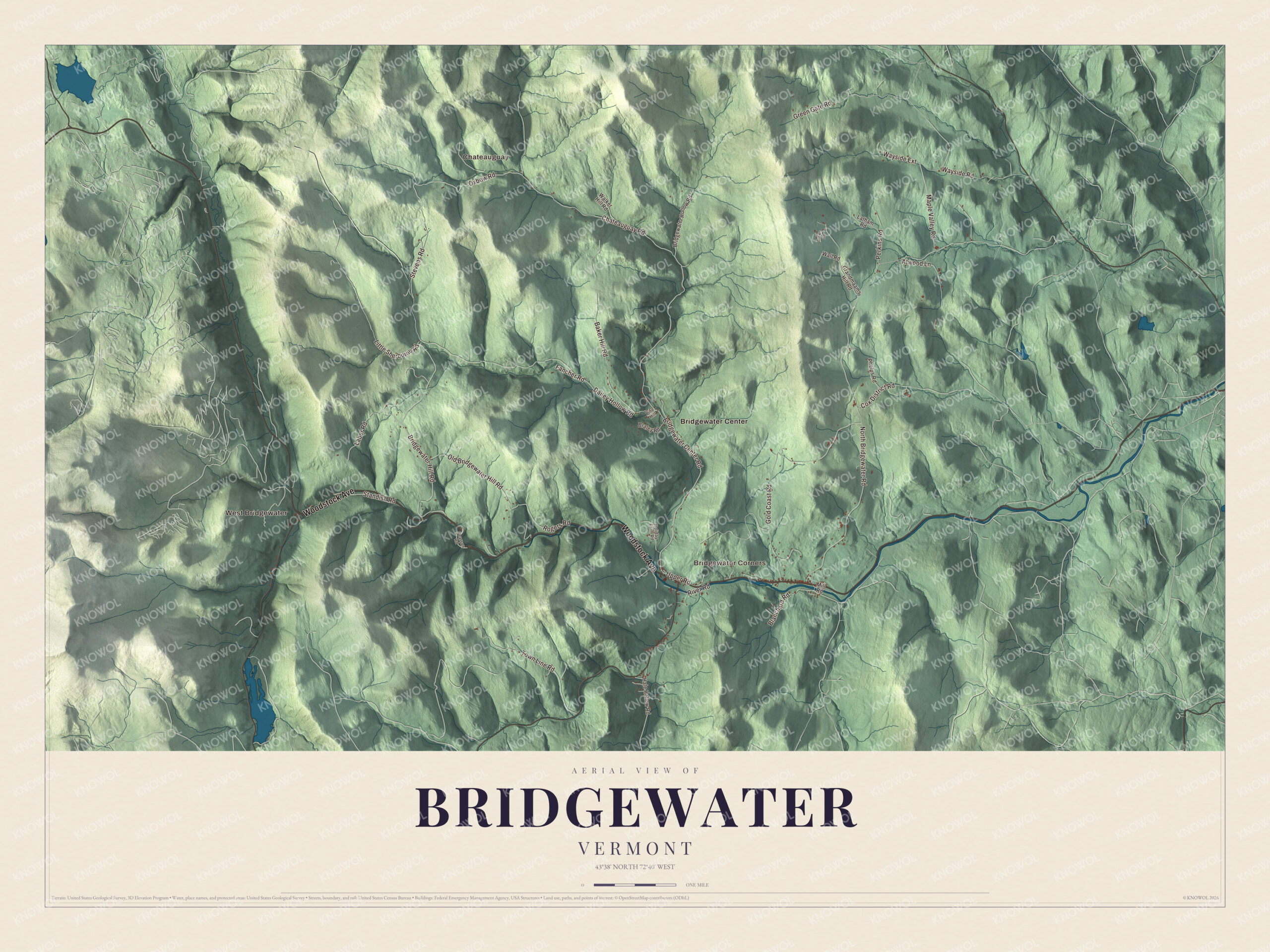 Map of Bridgewater, Vermont, along the Ottauquechee River