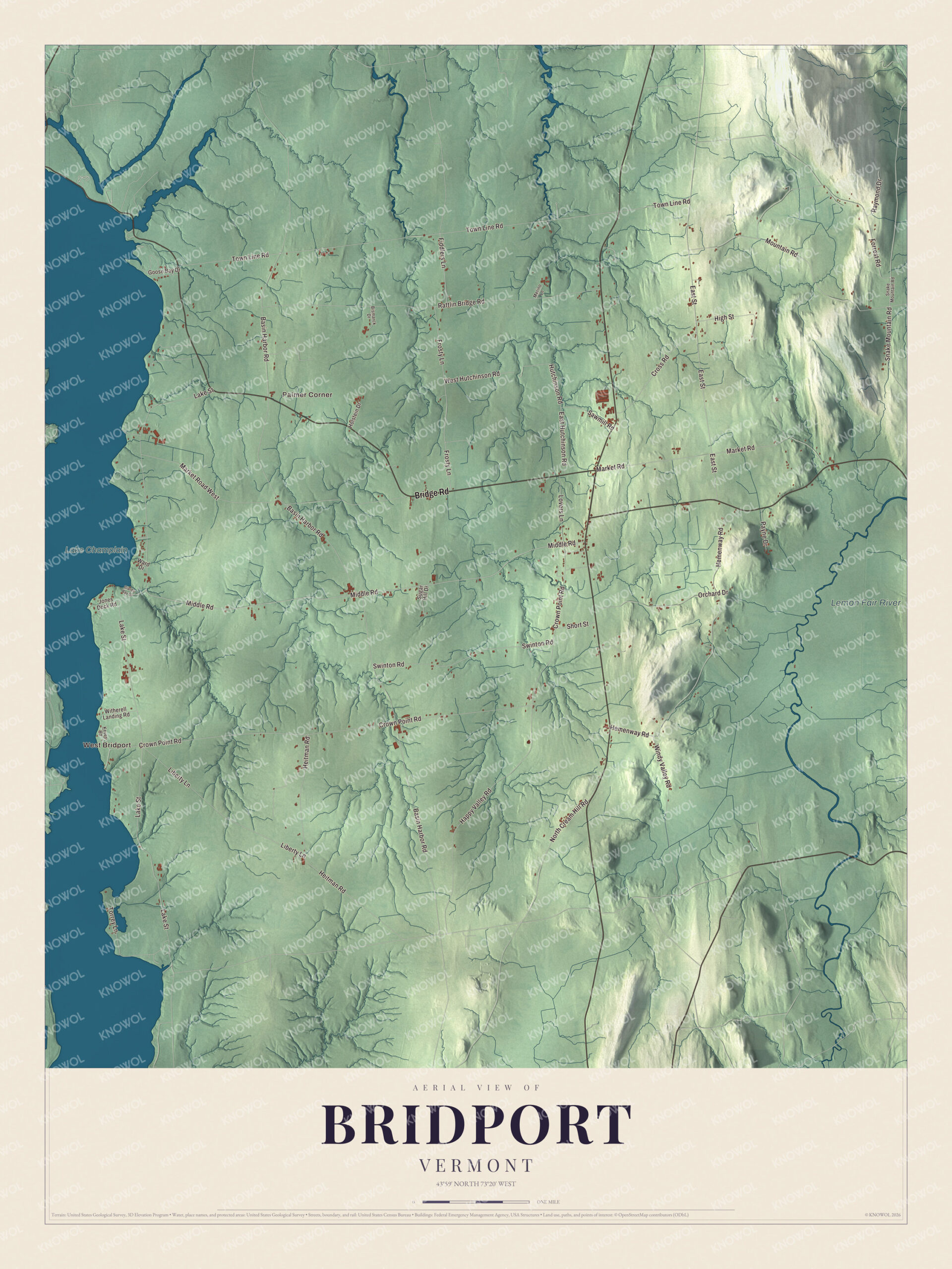 Map of Bridport, Vermont, on Lake Champlain