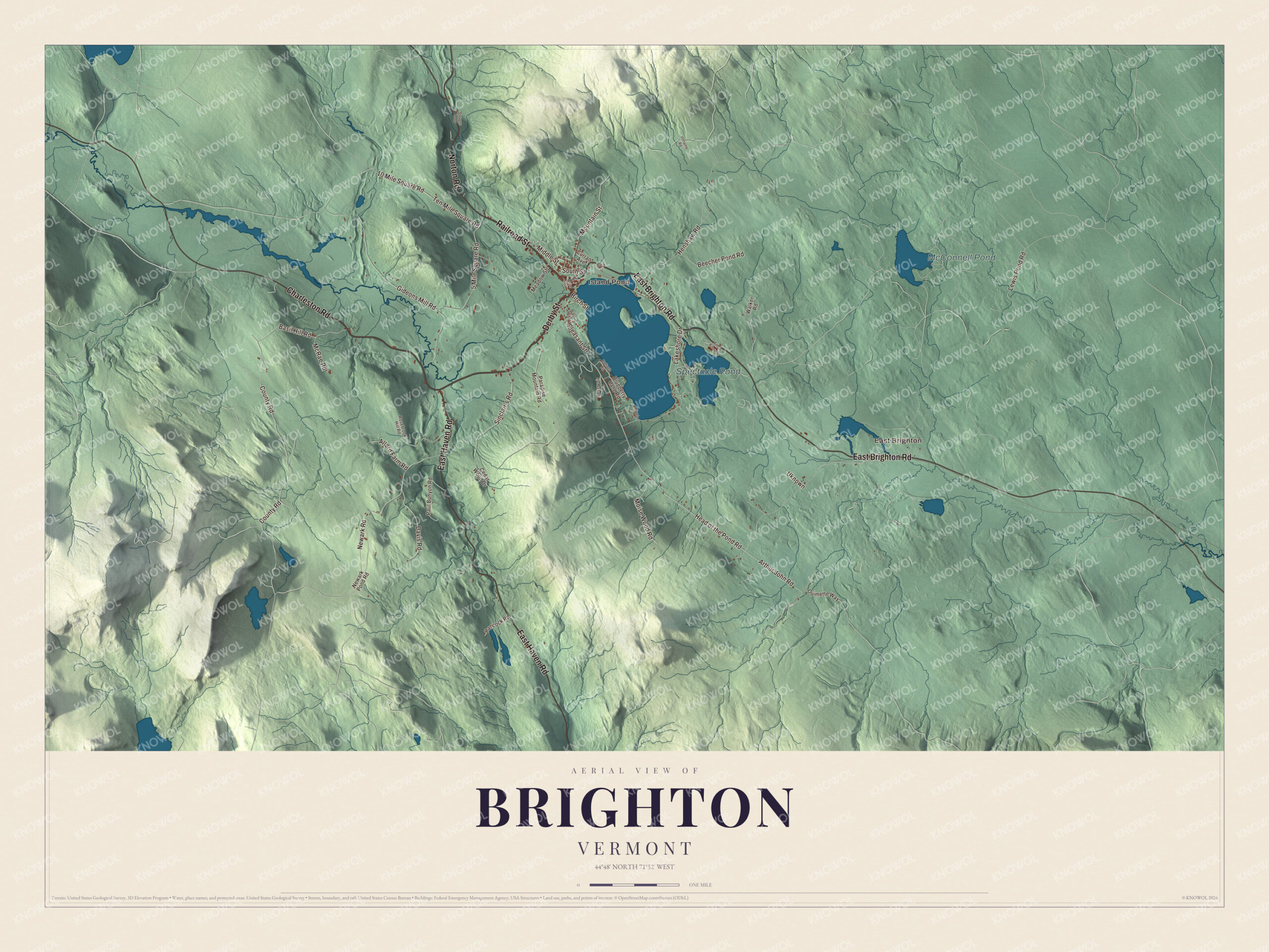 Map of Brighton, Vermont, with Island Pond, Spectacle Pond and the village streets