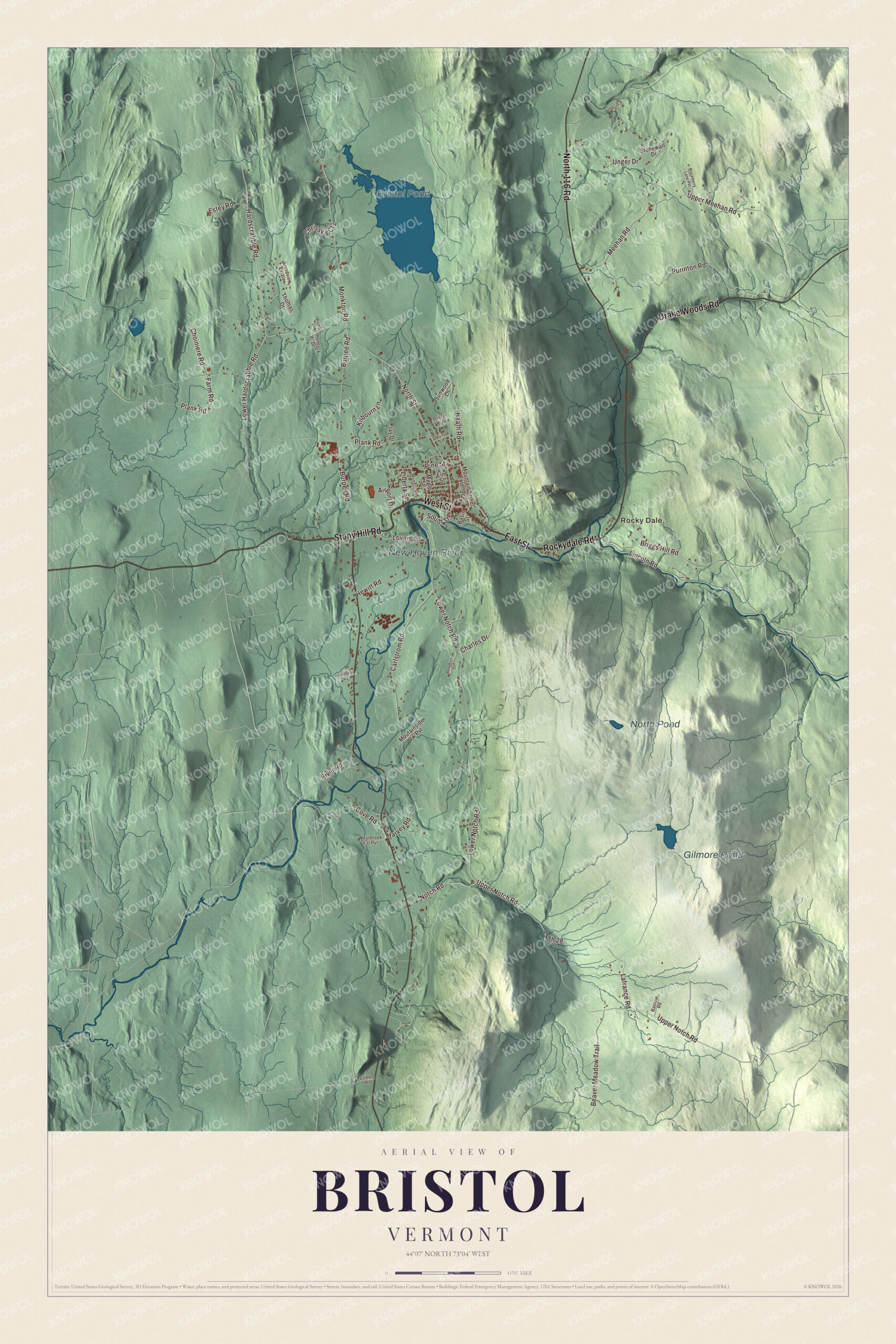 Map of Bristol, Vermont, with the New Haven River, Bristol Pond and Rocky Dale