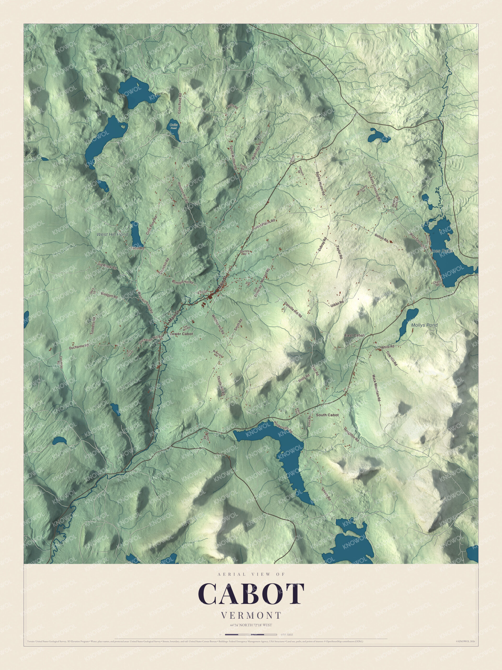 Map of Cabot, Vermont, at the head of the Winooski River
