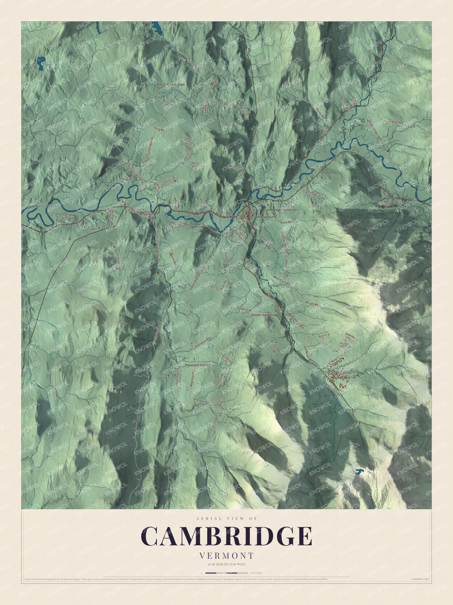 Map of Cambridge, Vermont, along the Lamoille River