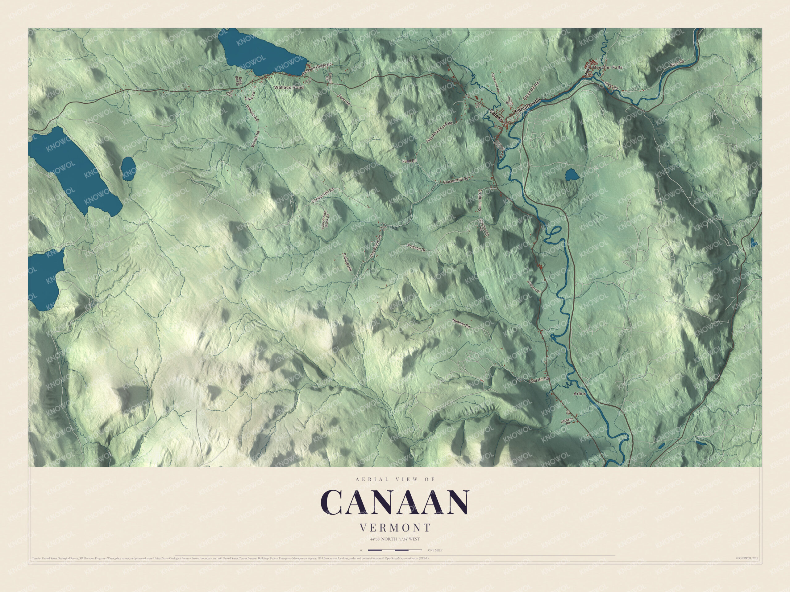 Map of Canaan, Vermont, in the far northeast corner of the state