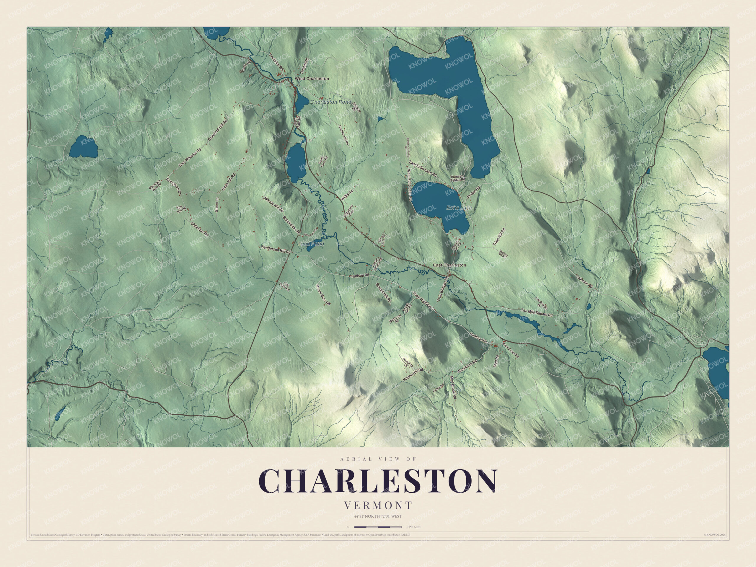 Map of Charleston, Vermont, with Echo Lake, the Clyde River and the villages of East and West Charleston