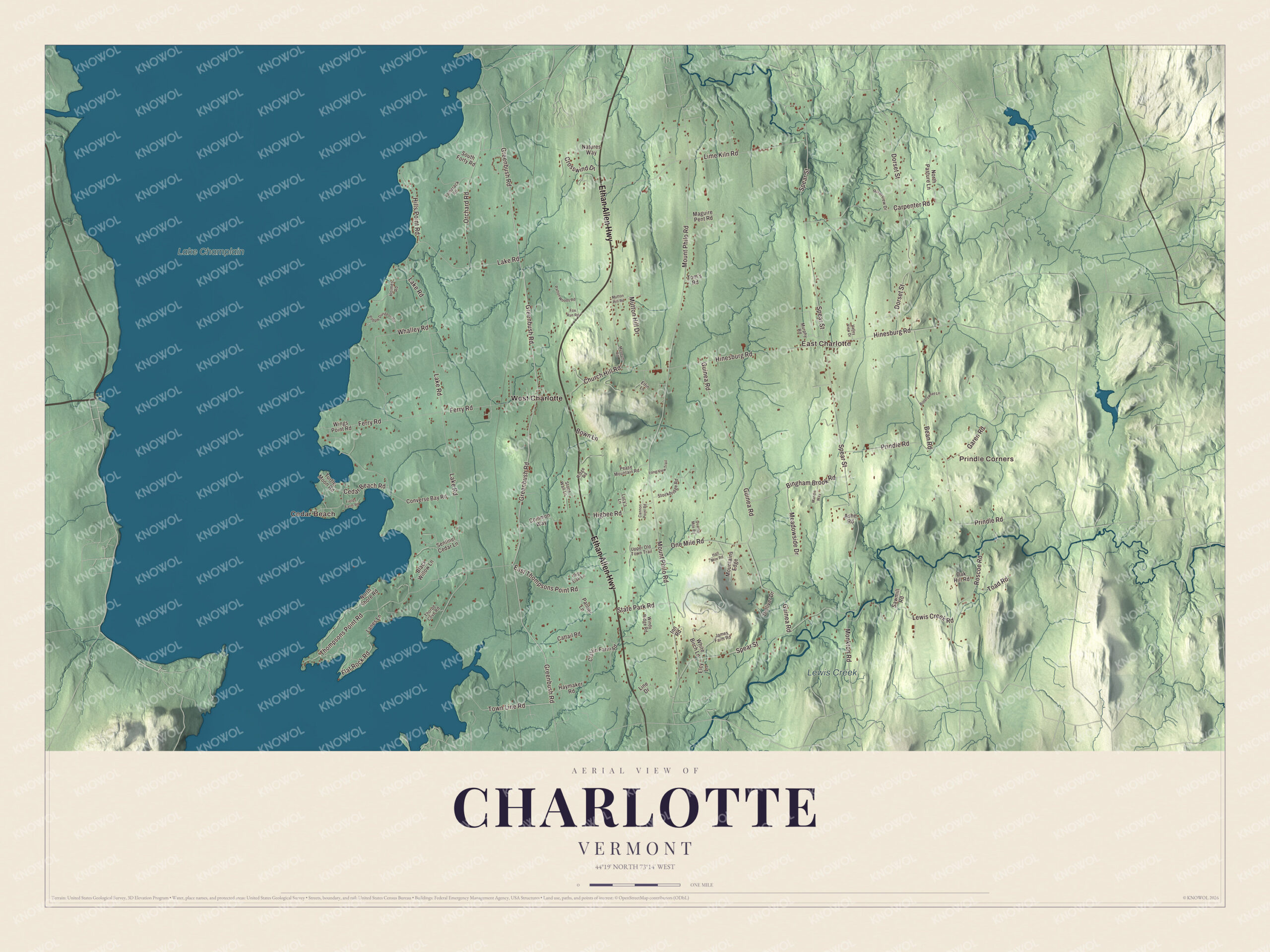 Map of Charlotte, Vermont, from Lake Champlain and Cedar Beach east to Lewis Creek and East Charlotte