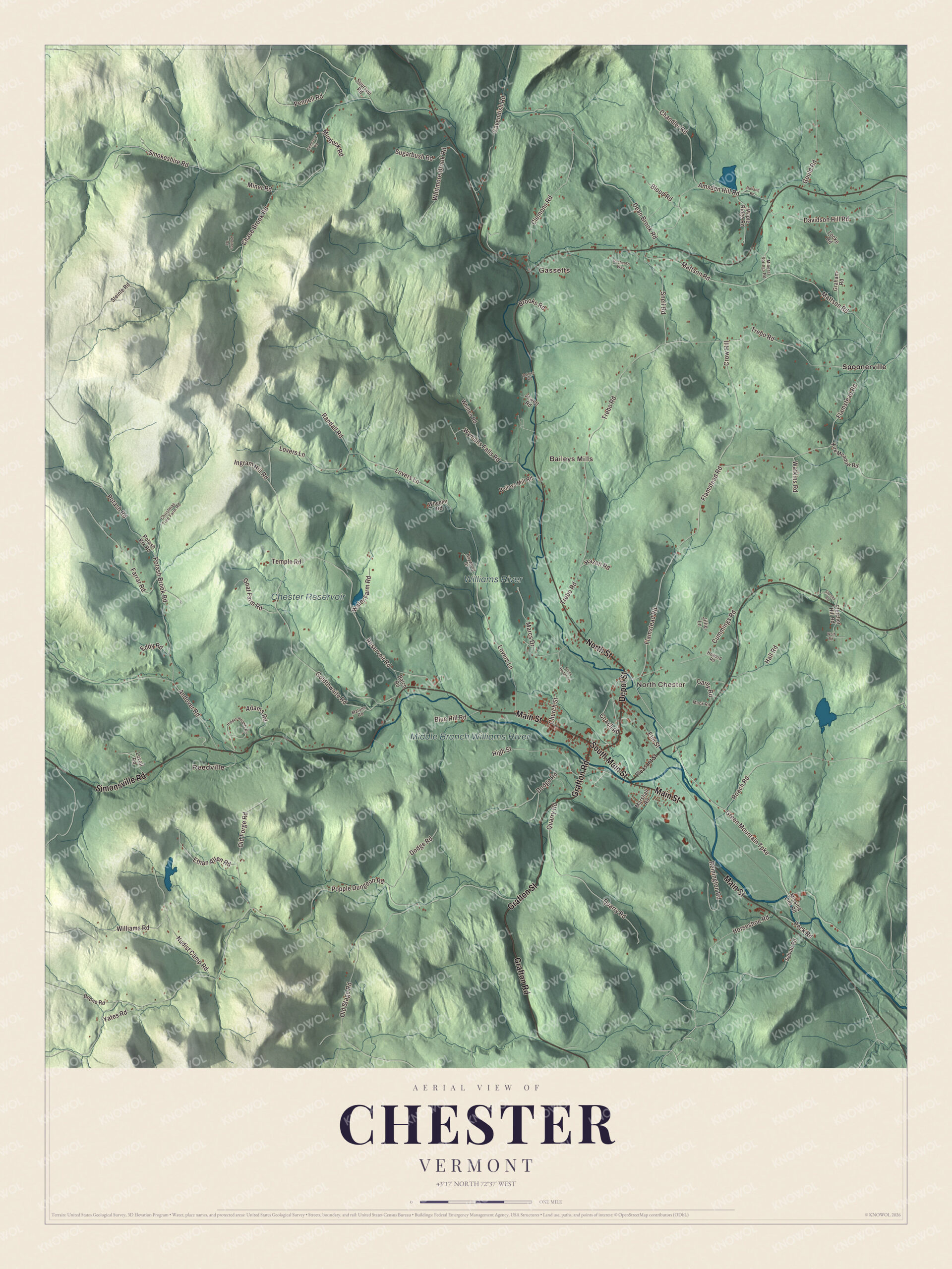 Map of Chester, Vermont, where the branches of the Williams River meet