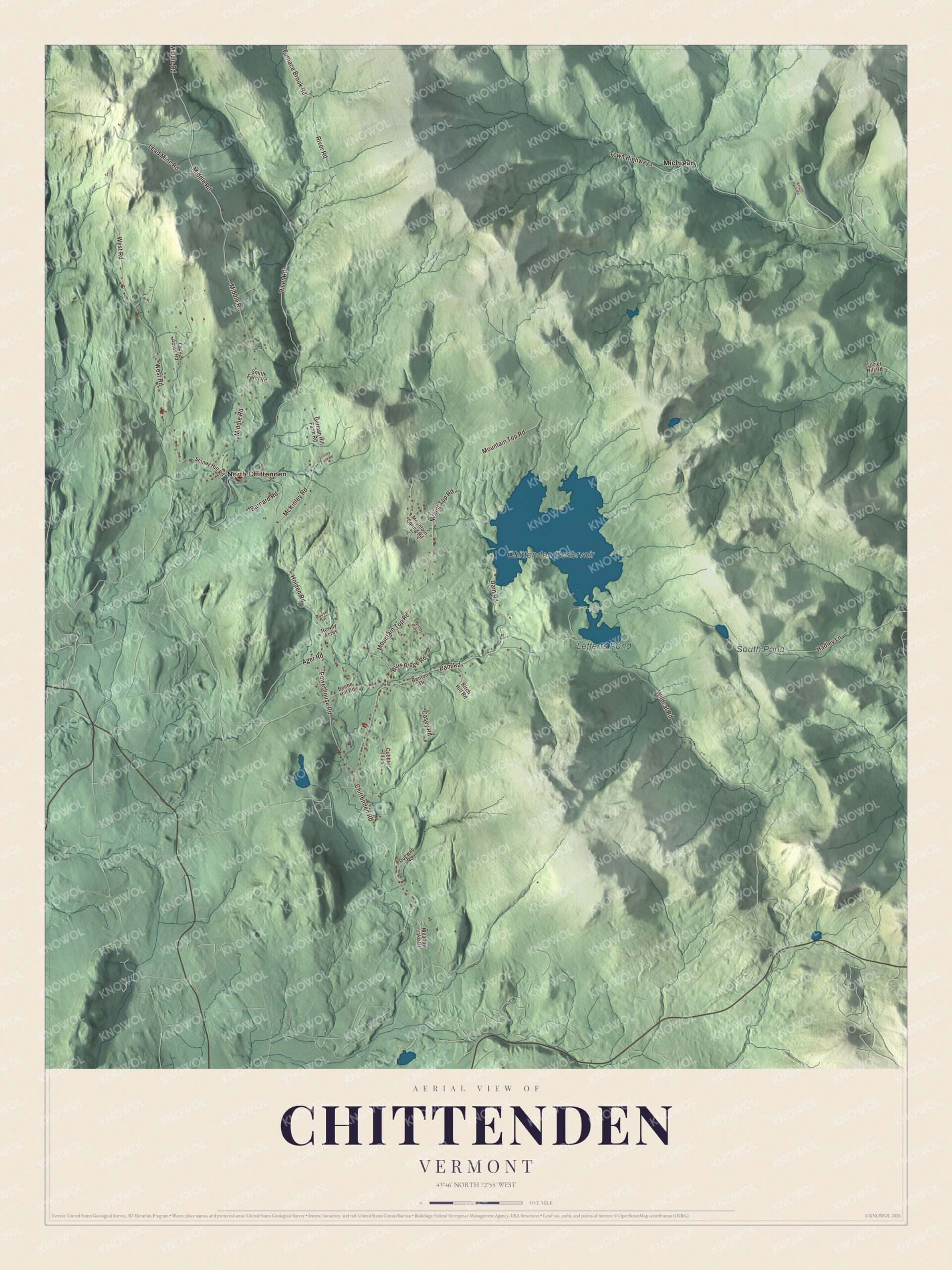 Map of Chittenden, Vermont, with the Chittenden Reservoir and the forested ridge of the Green Mountains