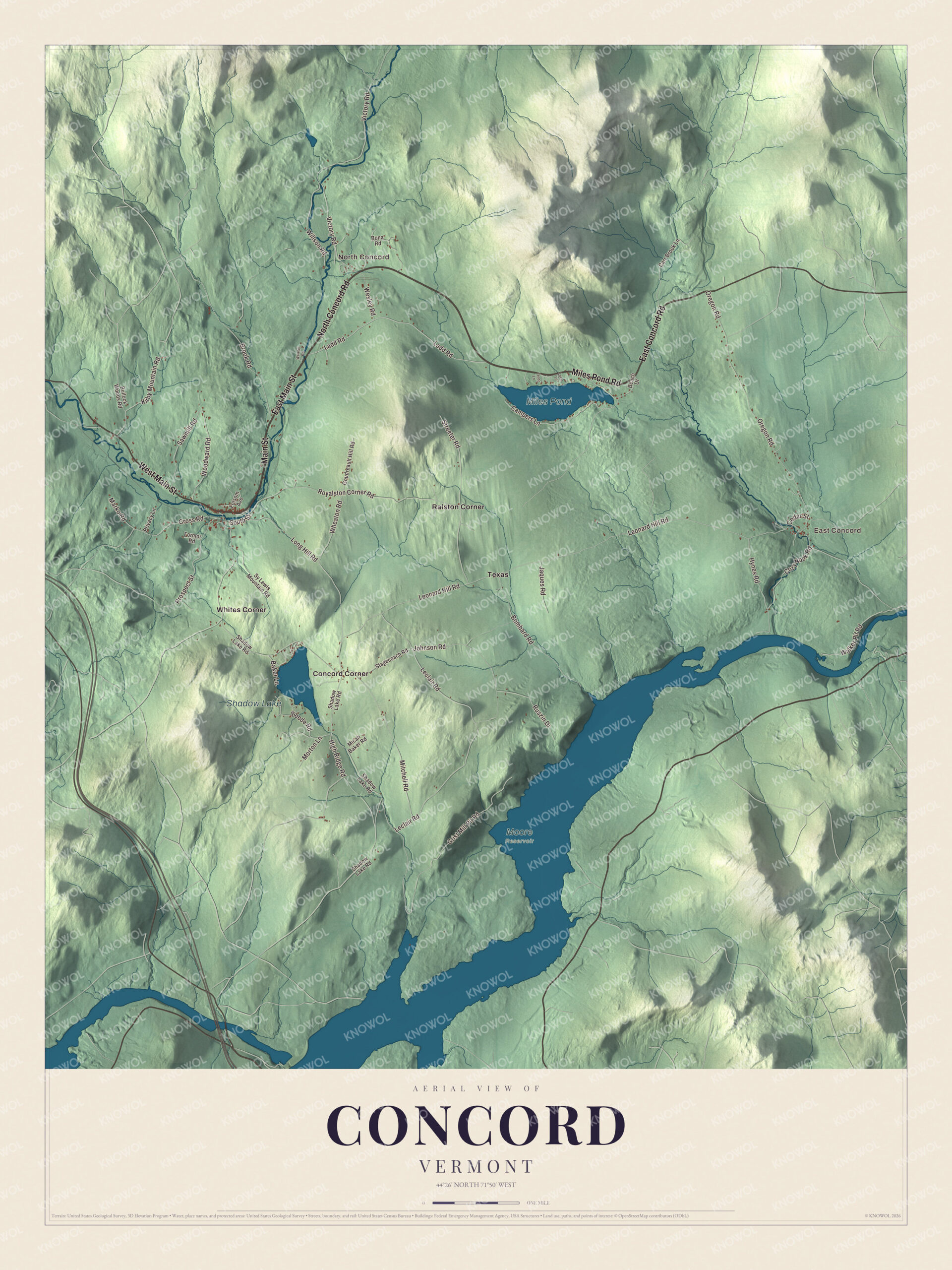 Map of Concord, Vermont, on the Connecticut River, with Miles Pond and Shadow Lake