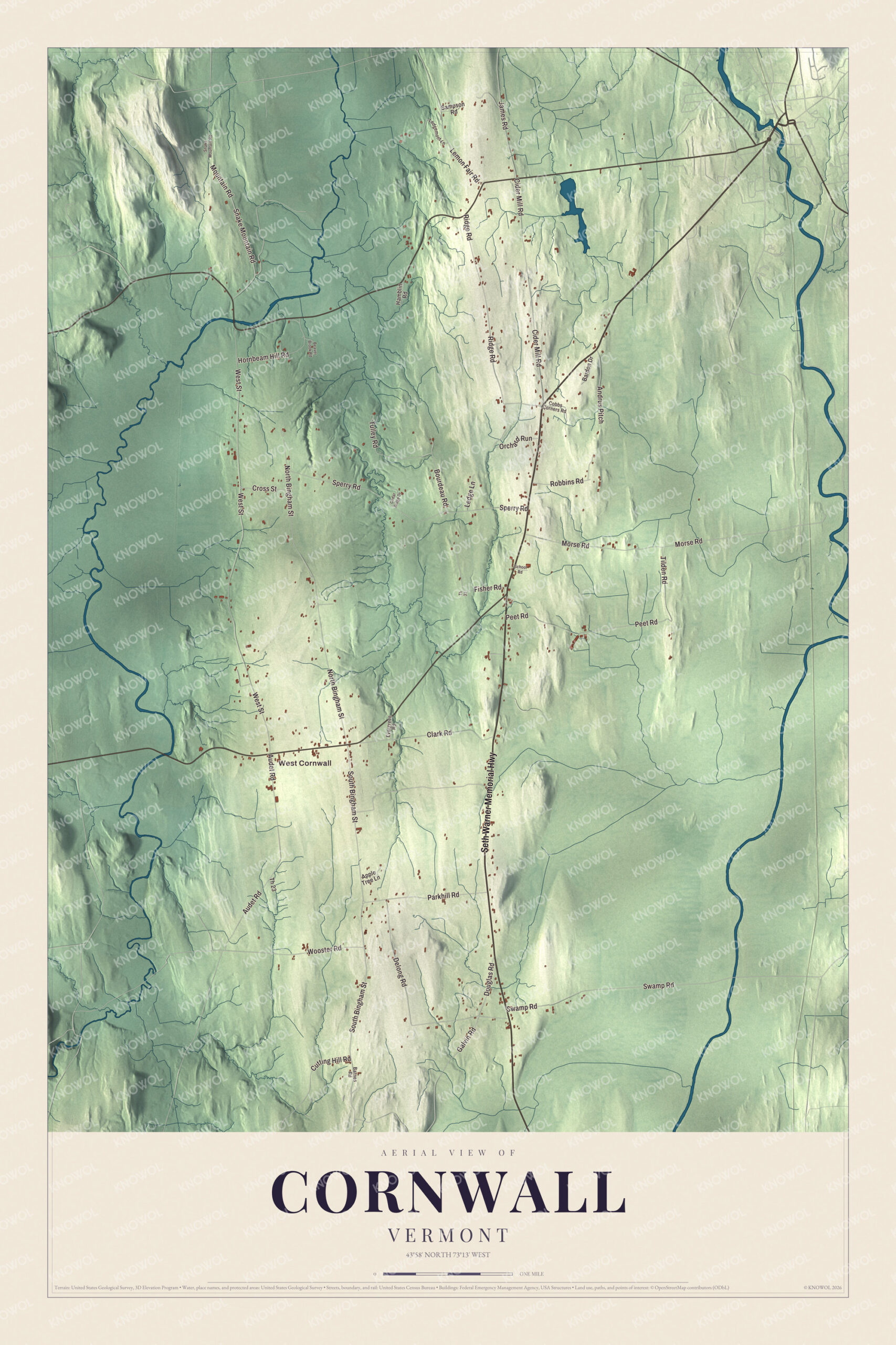 Map of Cornwall, Vermont, in the Champlain Valley along the Seth Warner Memorial Highway