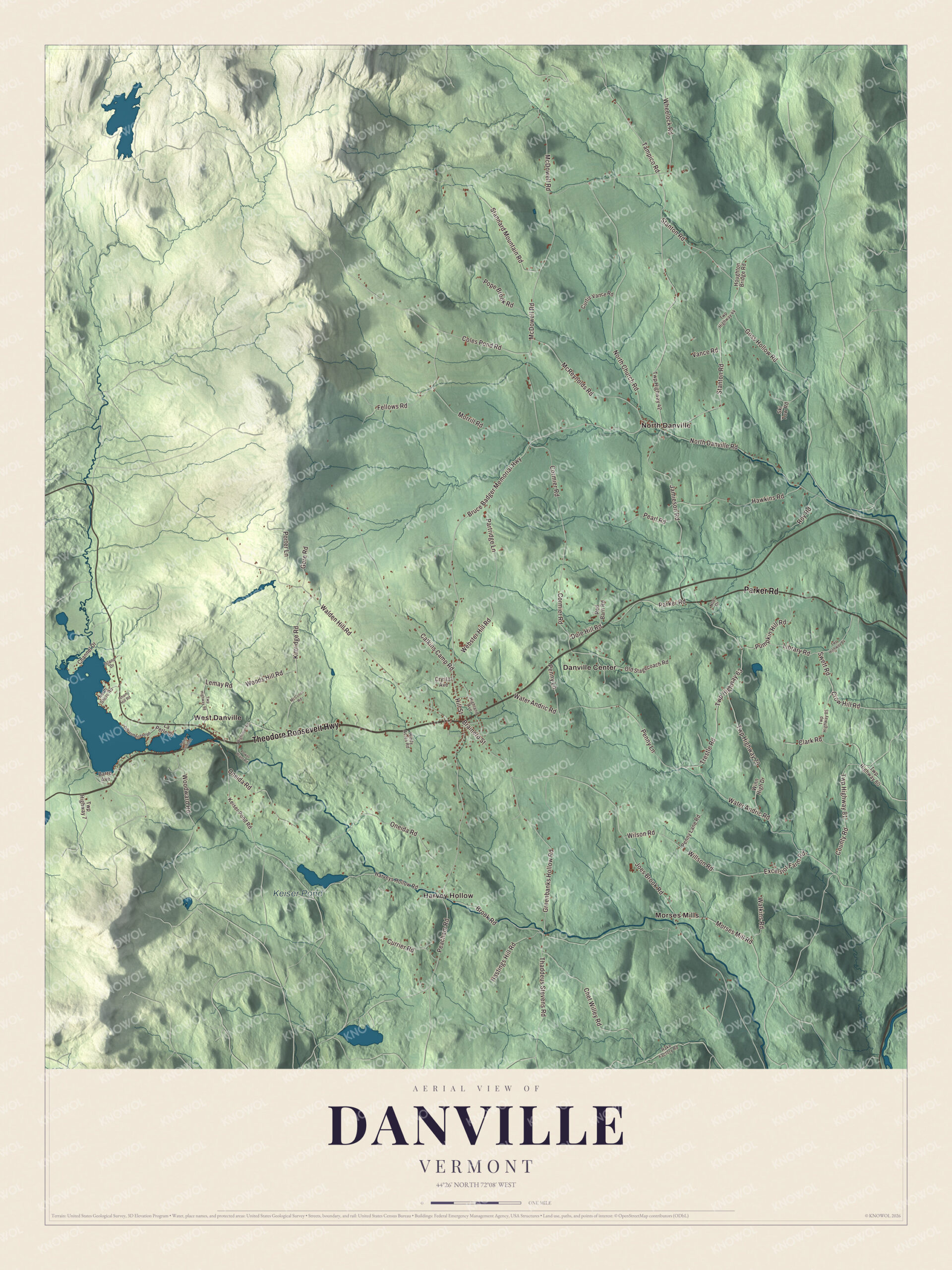 Map of Danville, Vermont, in the hills west of St. Johnsbury