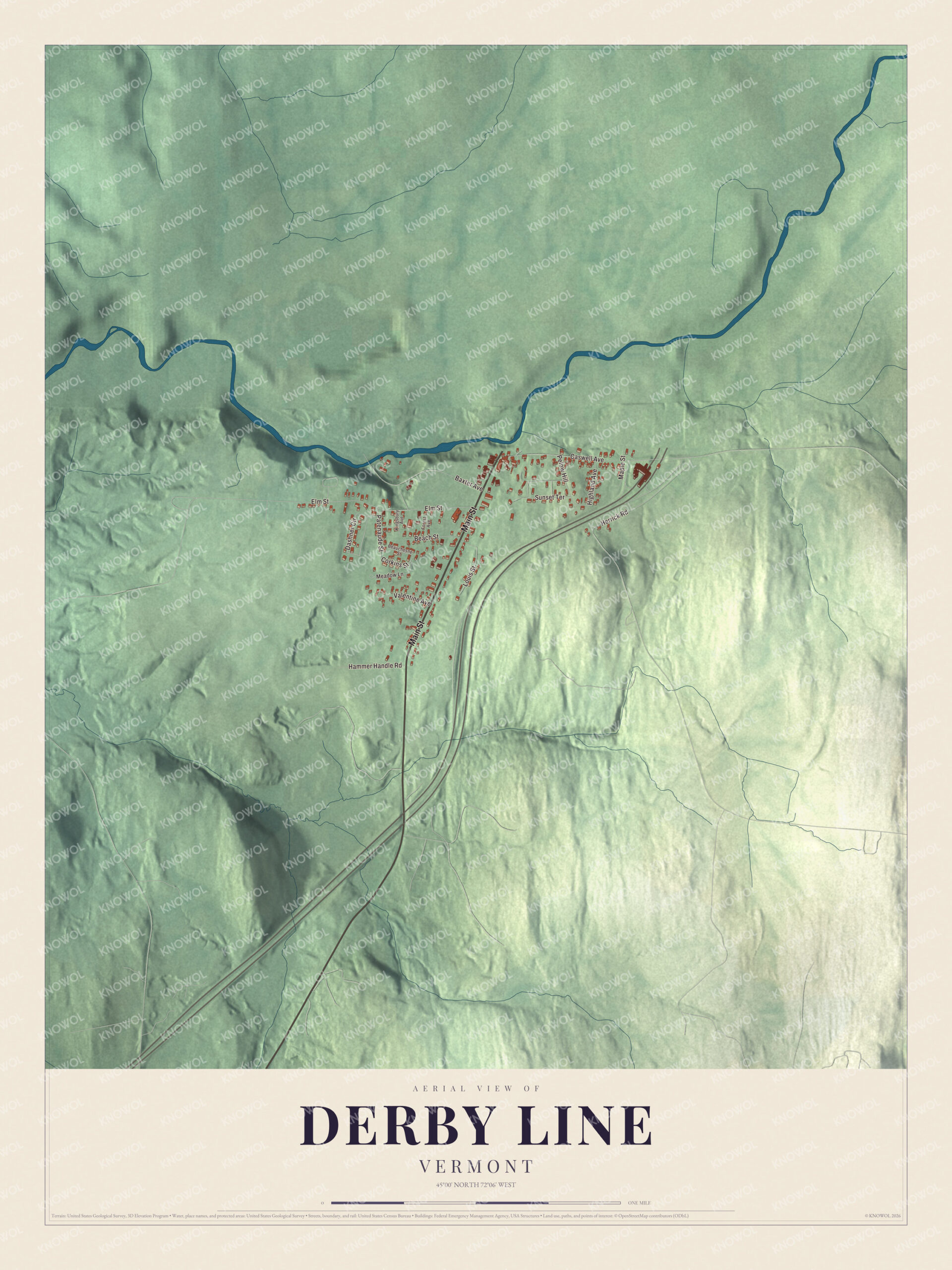 Map of Derby Line, Vermont, the village on the Canadian border at the top of the town of Derby