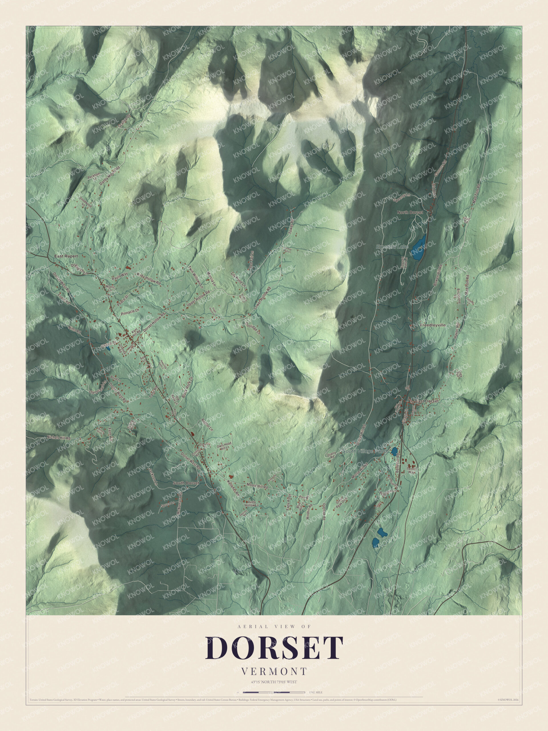 Map of Dorset, Vermont, the town of the Dorset Accords in two valleys