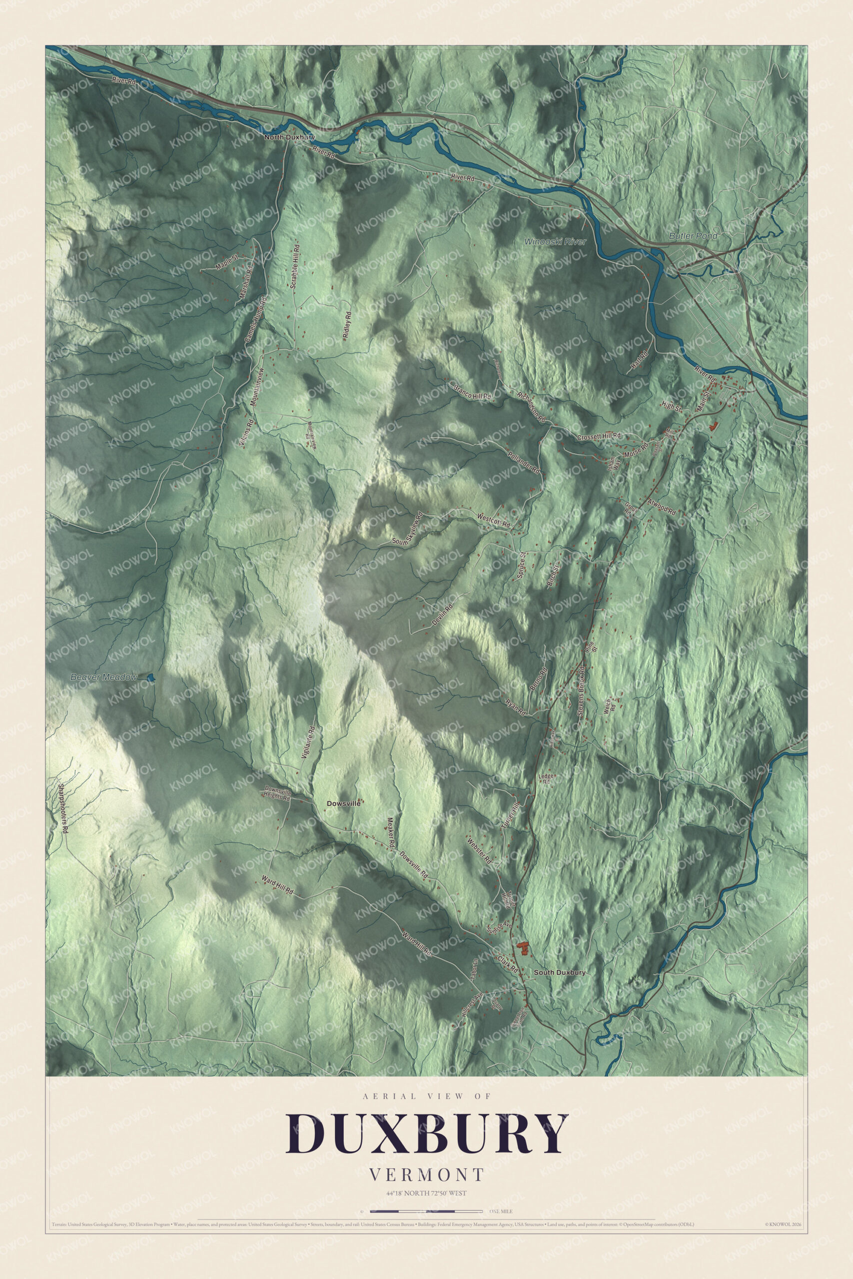 Map of Duxbury, Vermont, between Camel's Hump and the Winooski River