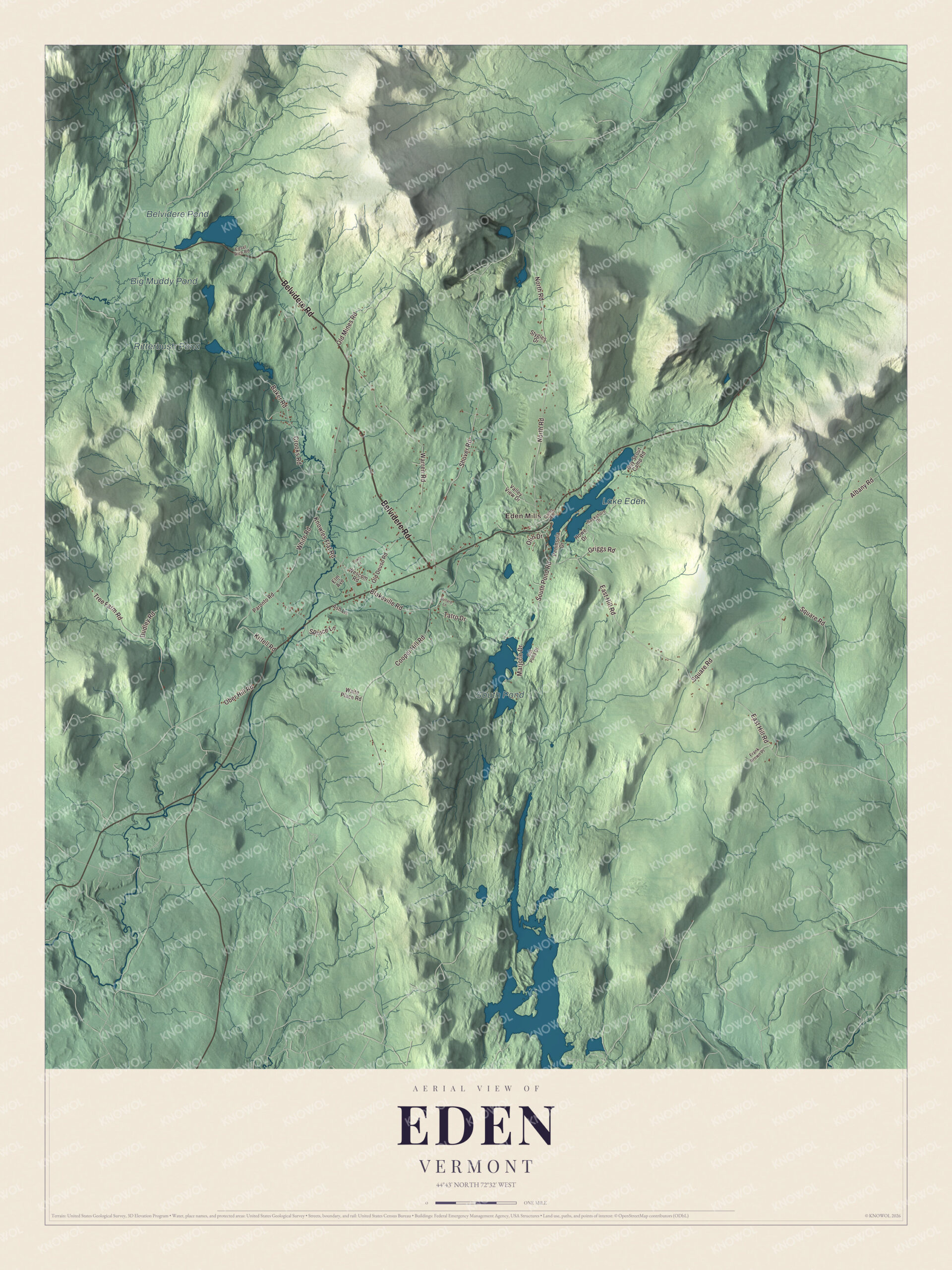Map of Eden, Vermont, a town of ponds and hills in Lamoille County