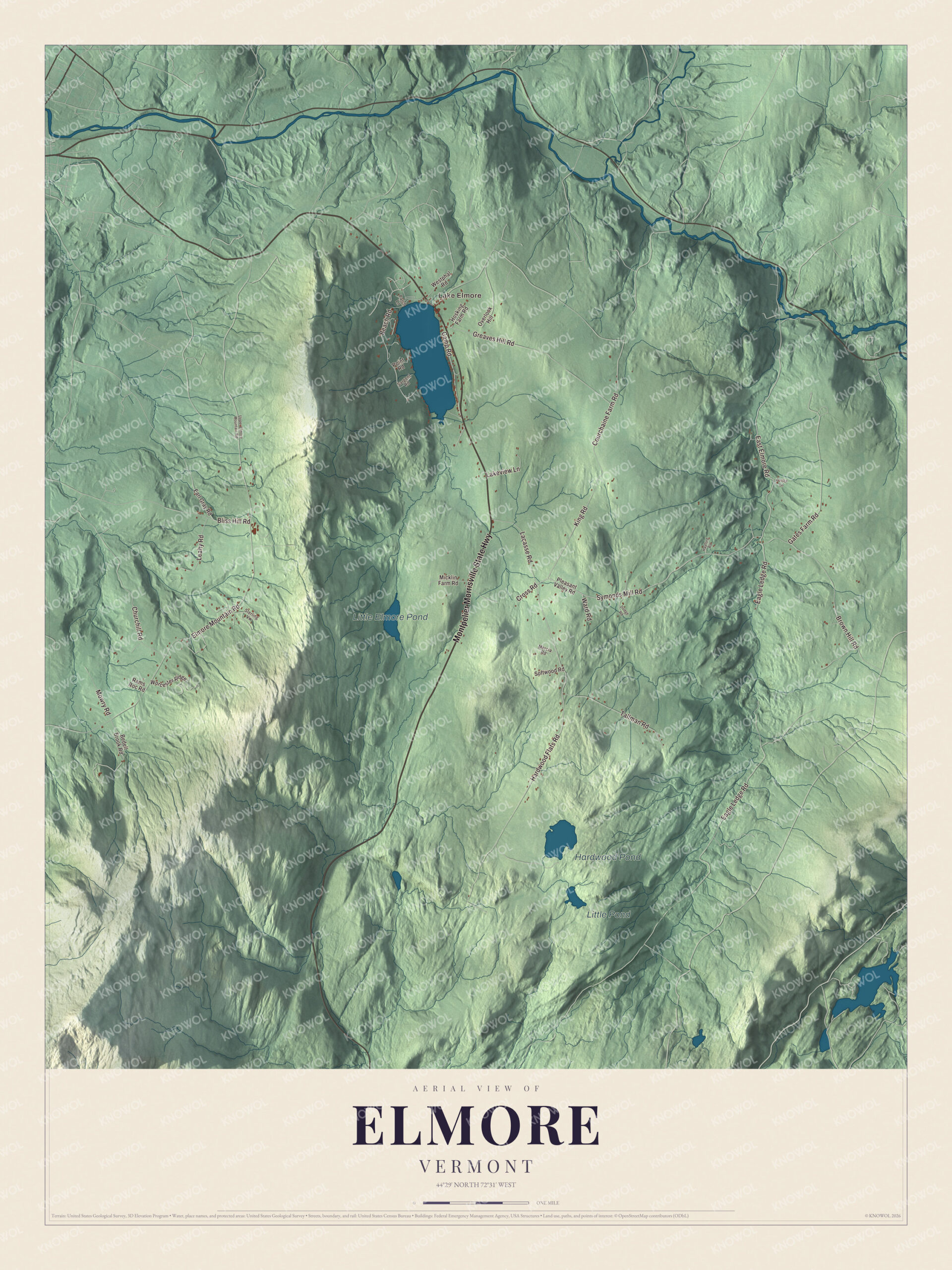 Map of Elmore, Vermont, a lake and mountain town in Lamoille County