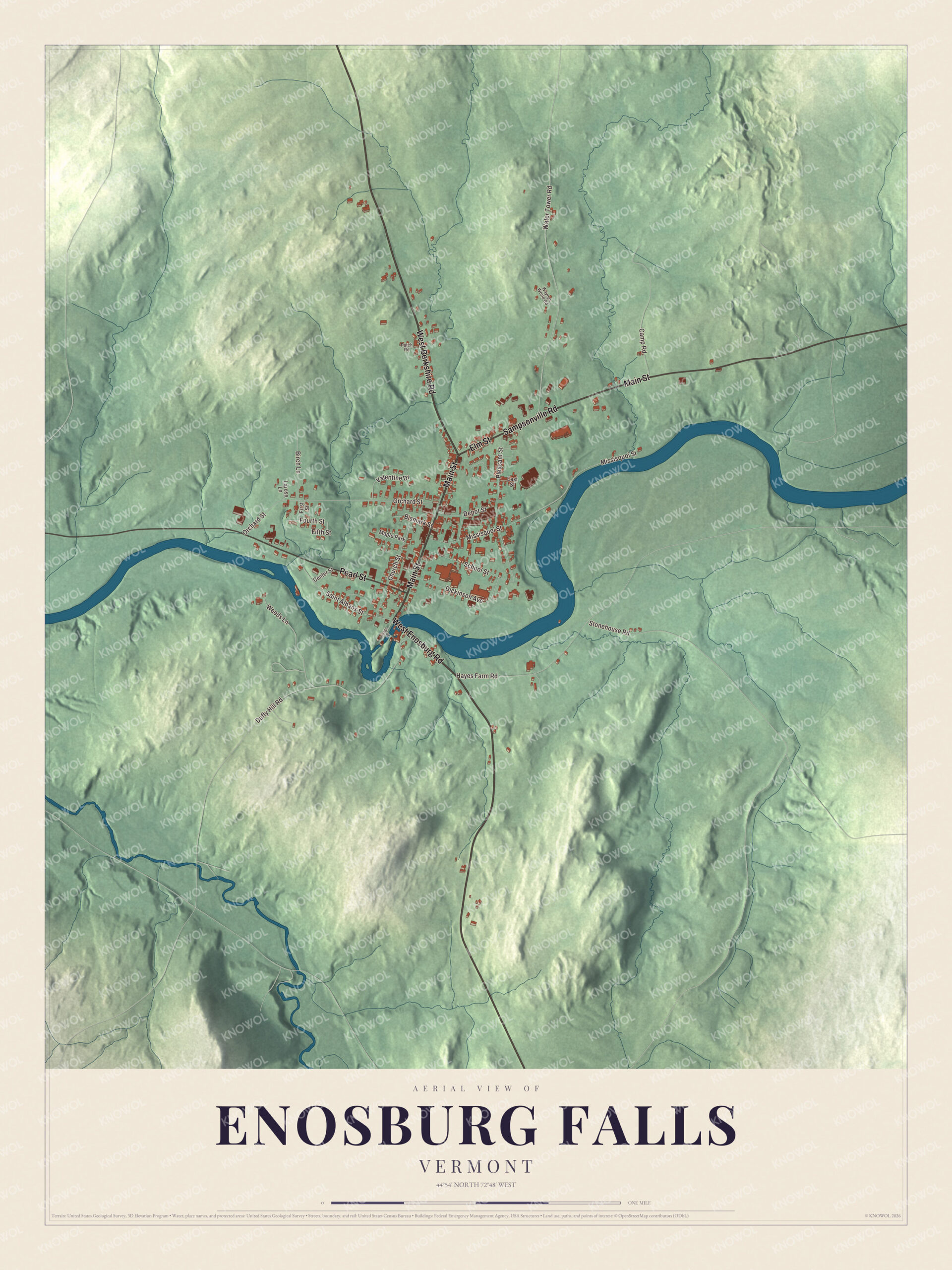 Map of Enosburg Falls, Vermont, the village on the falls of the Missisquoi River