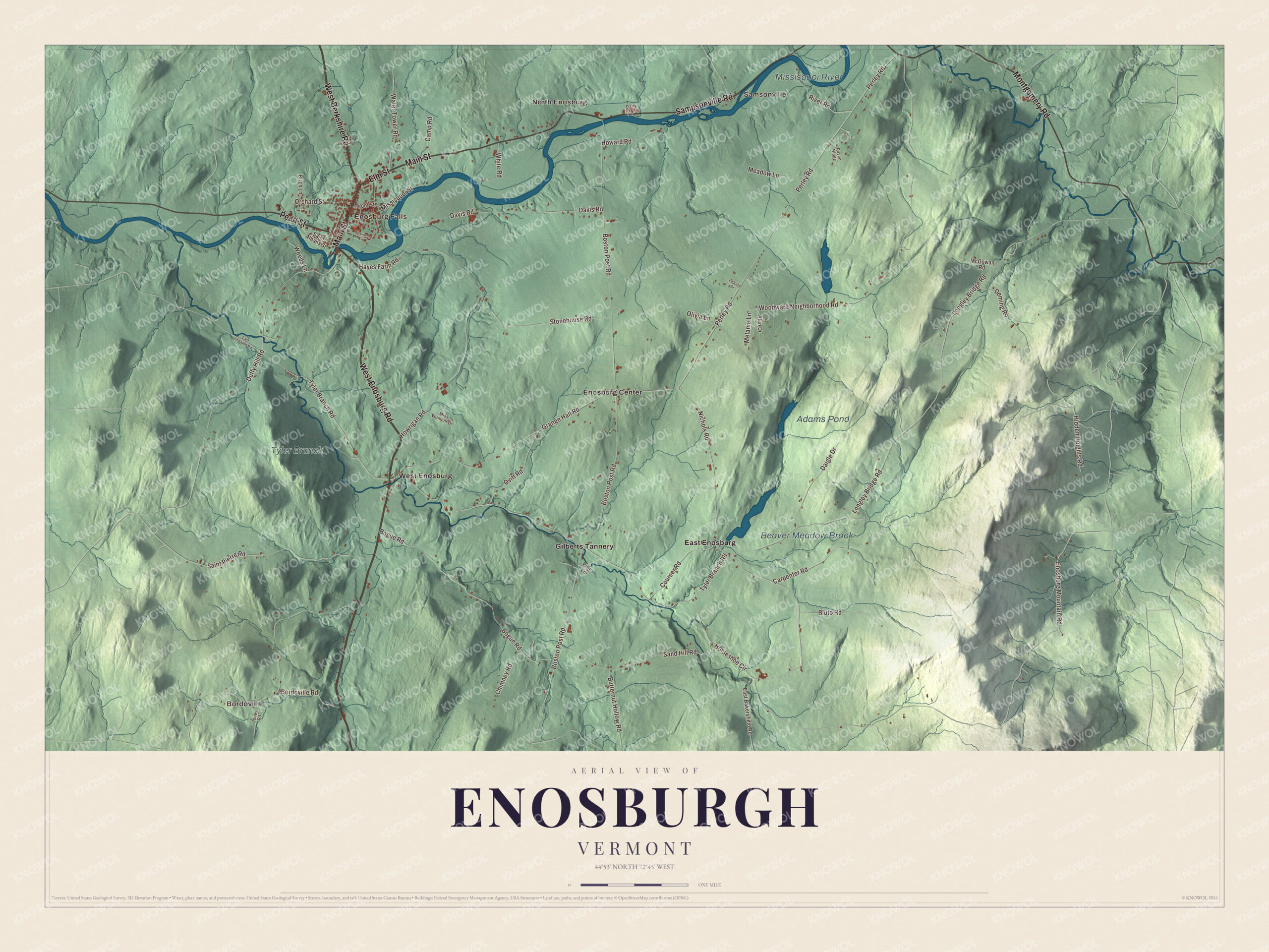 Map of Enosburgh, Vermont, the Franklin County town around the Missisquoi River