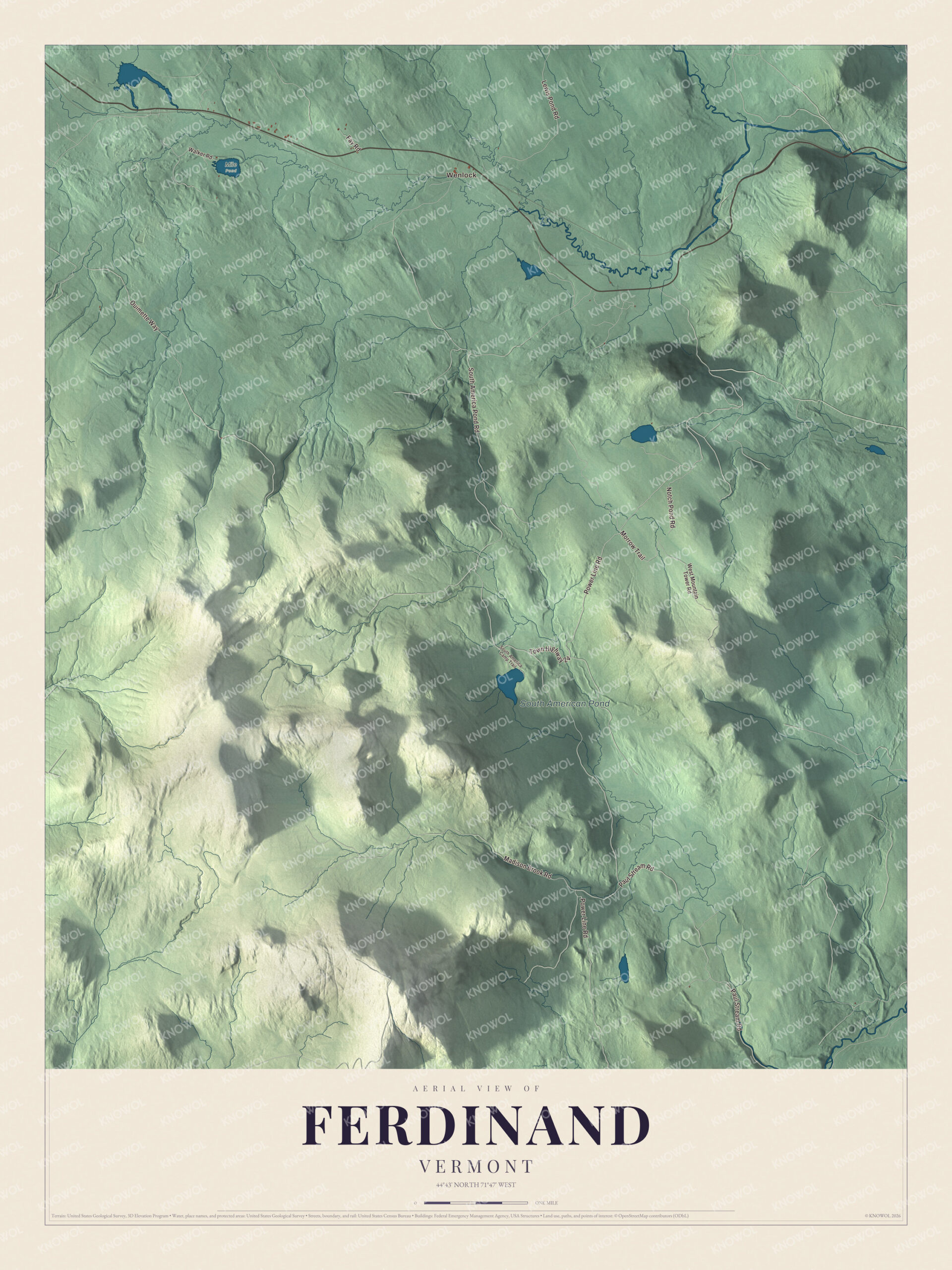 Map of Ferdinand, Vermont, with Wenlock, South American Pond and the Nulhegan country