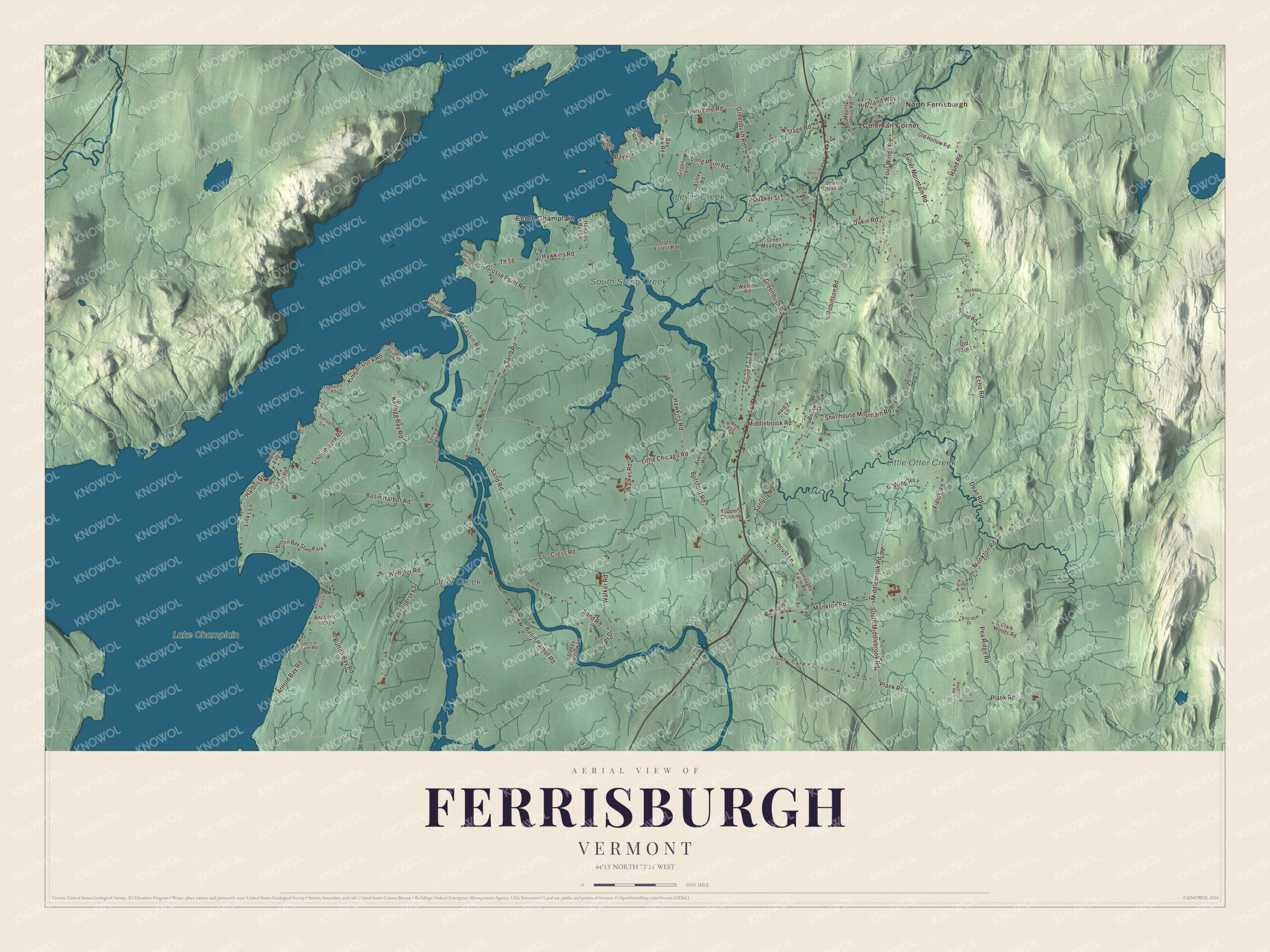Map of Ferrisburgh, Vermont, with Otter Creek, Little Otter Creek and North Ferrisburgh