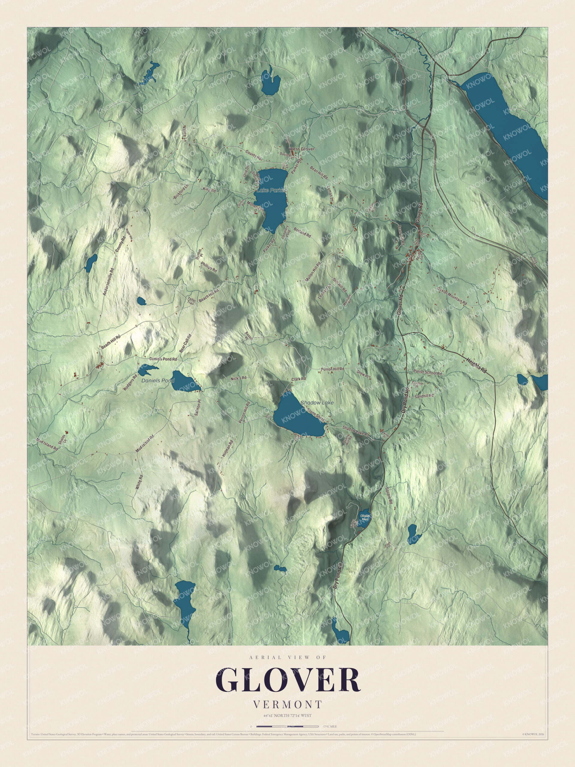 Map of Glover, Vermont, with West Glover, Lake Parker and Shadow Lake
