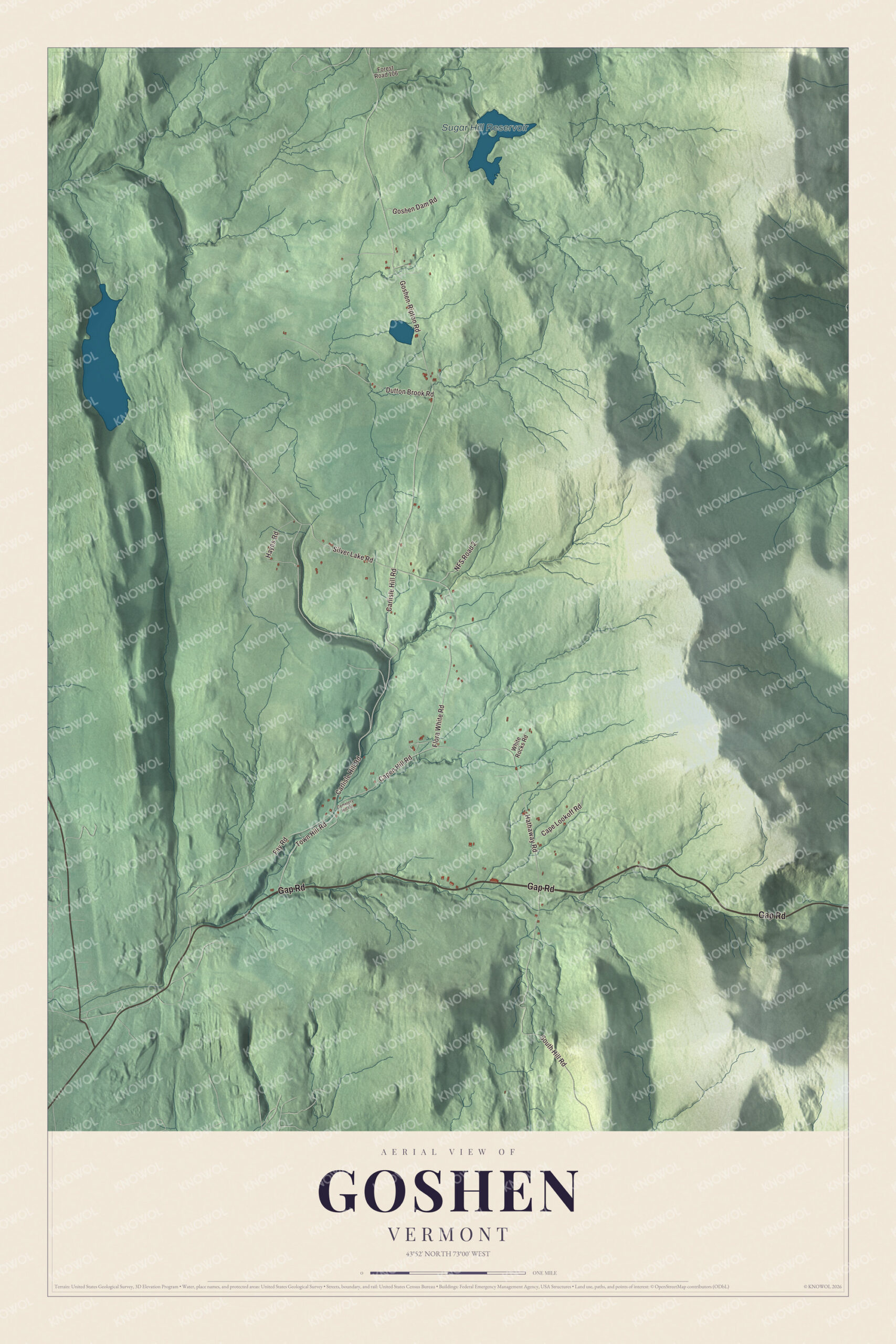 Map of Goshen, Vermont, with the Sugar Hill Reservoir and the Green Mountain roads