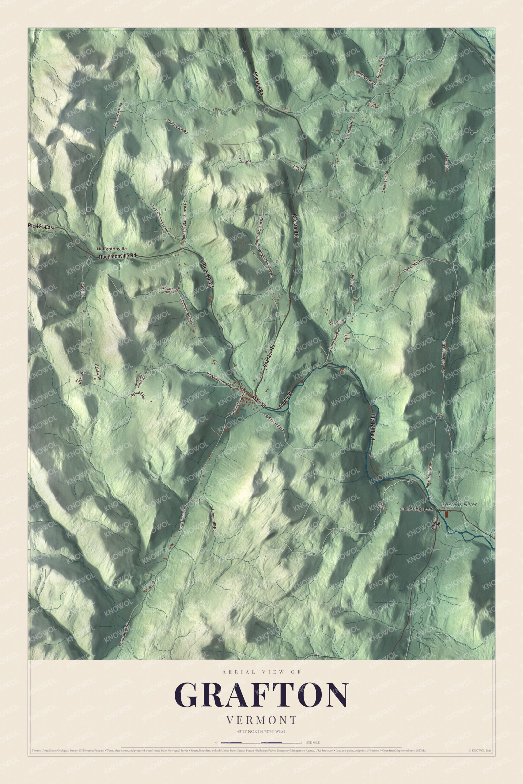 Map of Grafton, Vermont, with Grafton village, Houghtonville and the Saxtons River valley