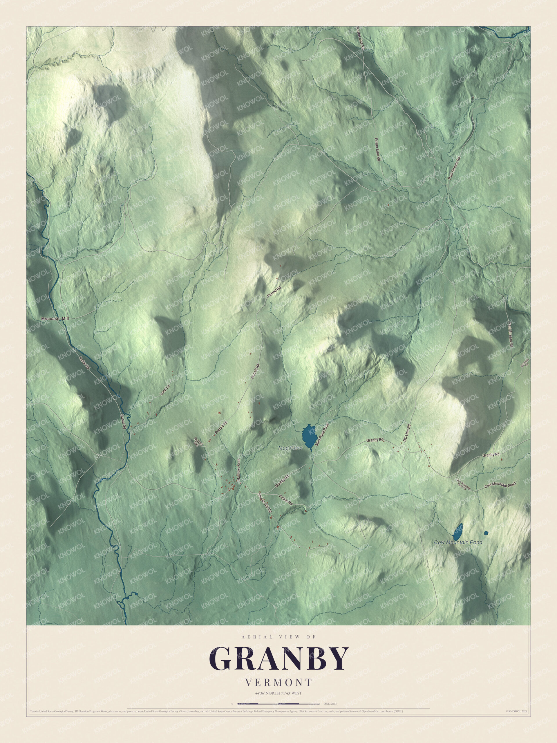 Map of Granby, Vermont, with Moccasin Mill, Mud Pond and Cow Mountain Pond