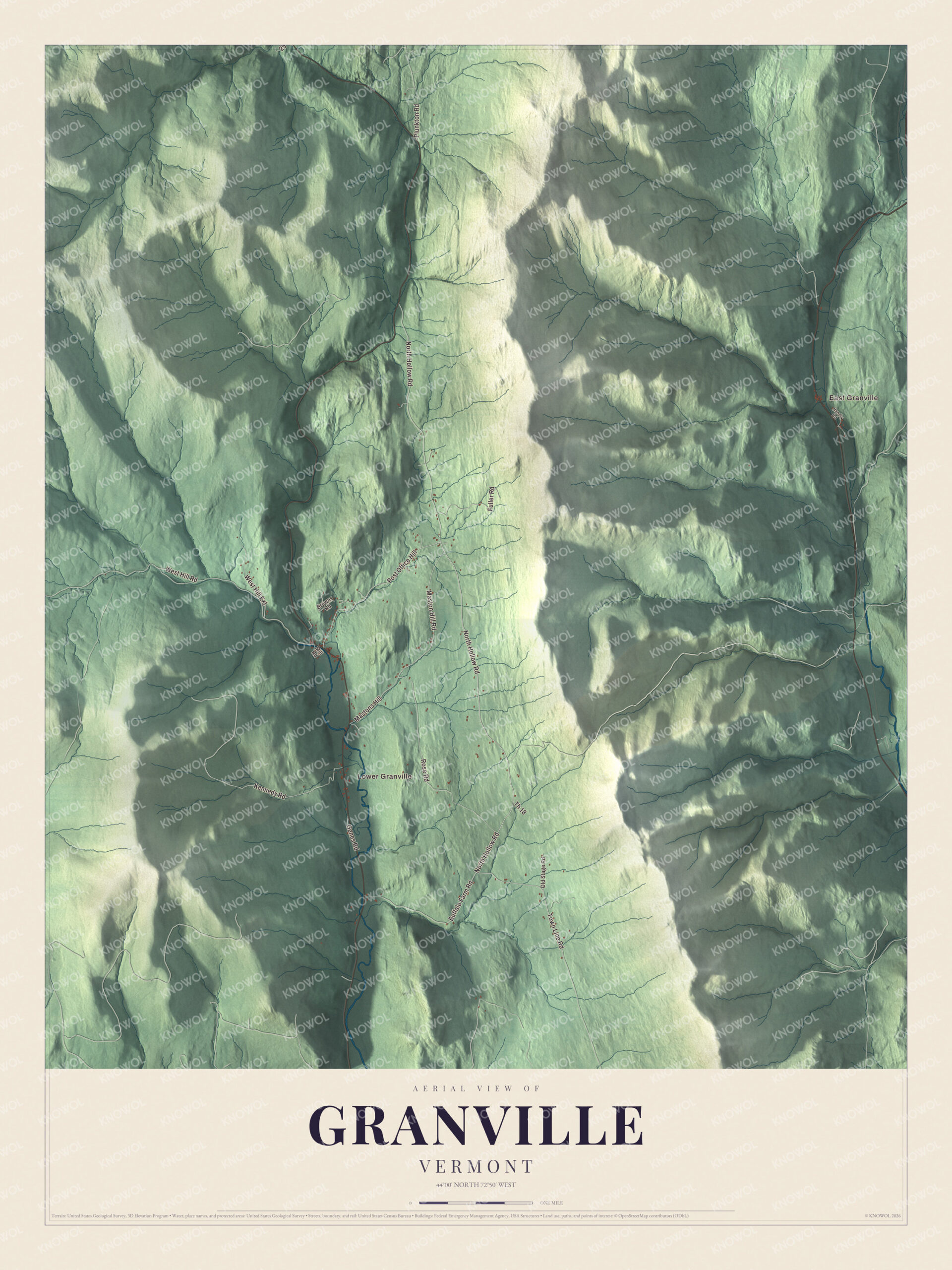 Map of Granville, Vermont, showing North Hollow Road, West Hill Road and the Green Mountain ridges