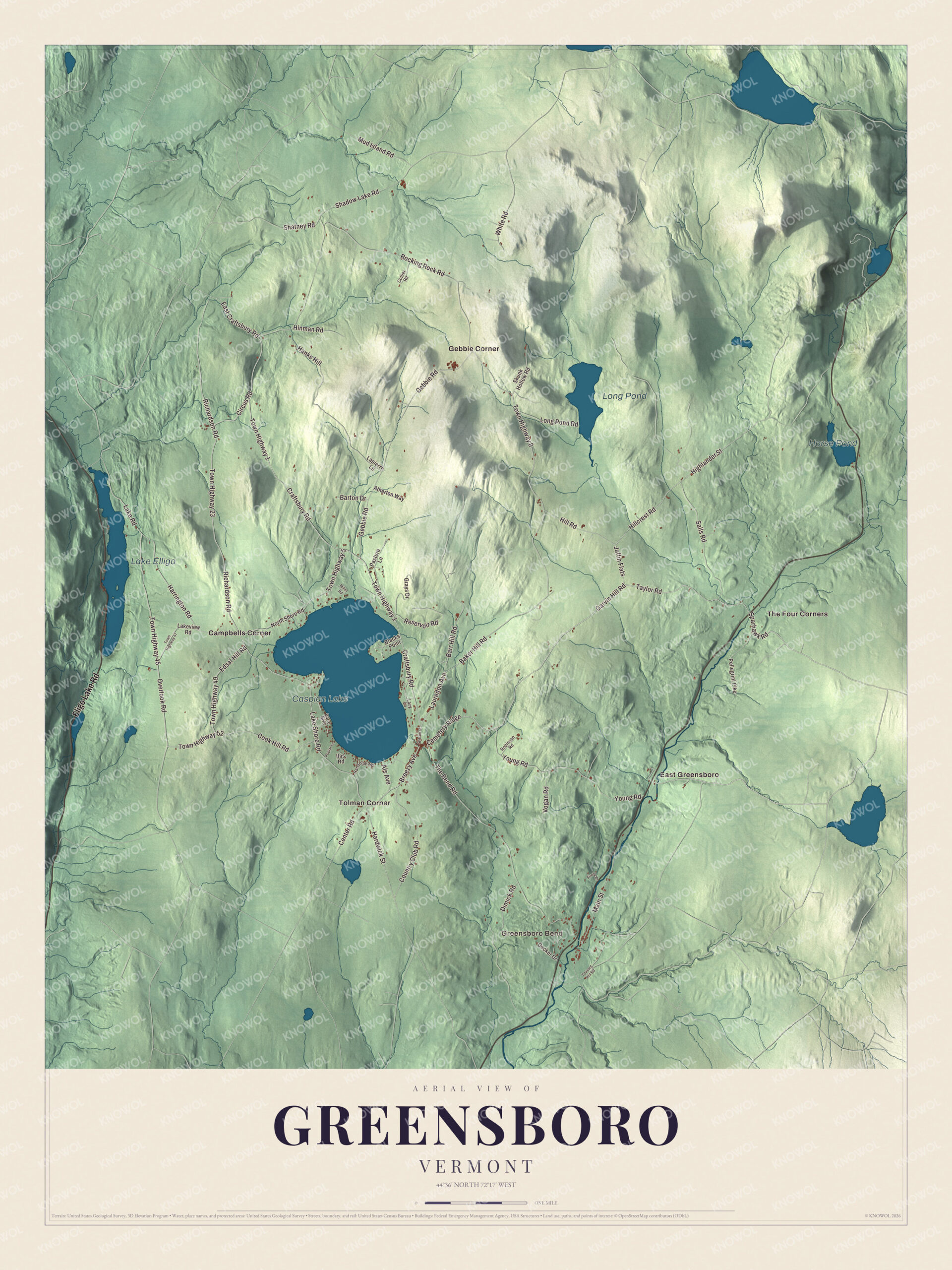 Map of Greensboro, Vermont, with Caspian Lake, Lake Elligo and the village of Greensboro Bend
